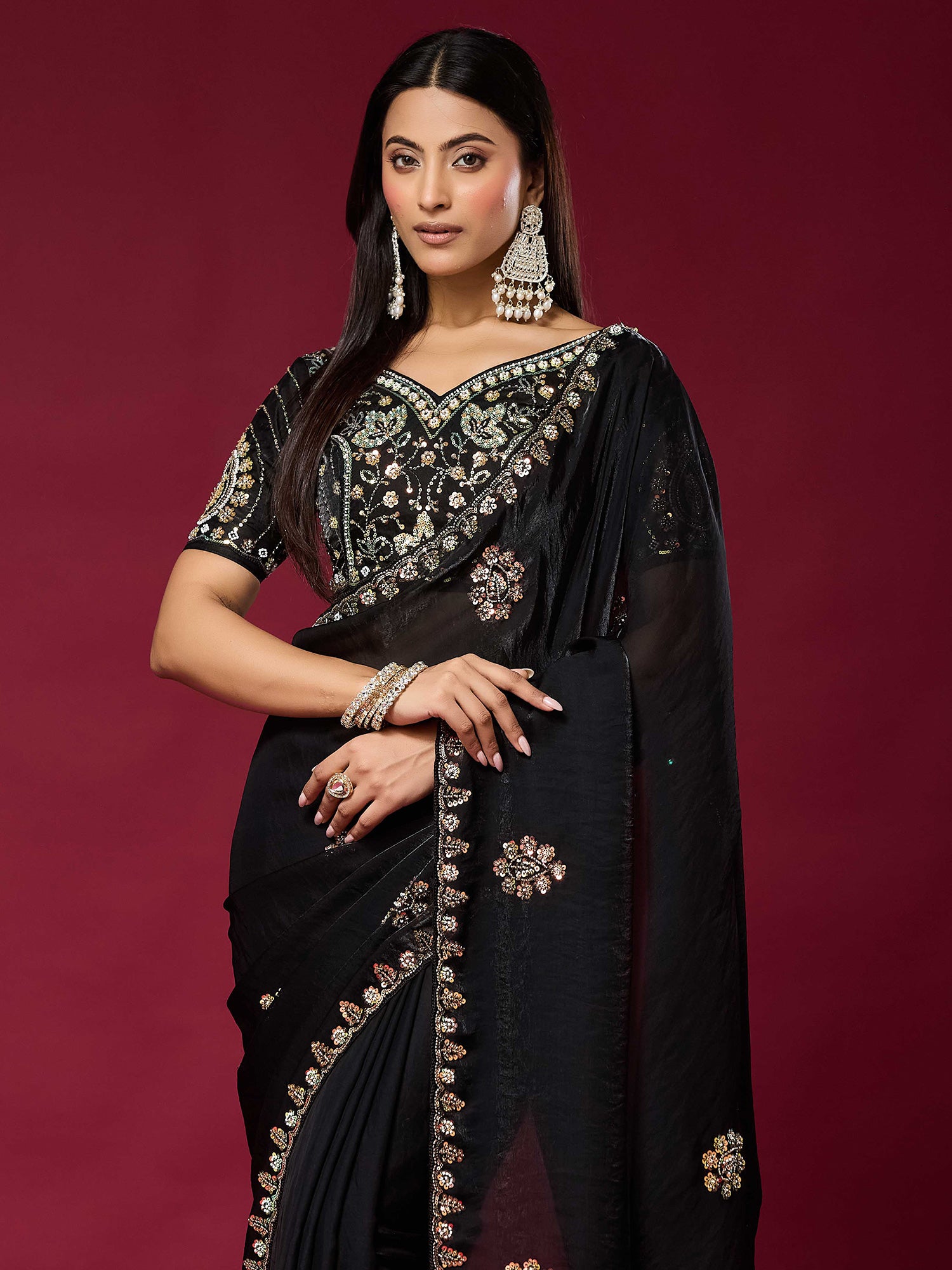 Black Satin Silk saree – detail view 4