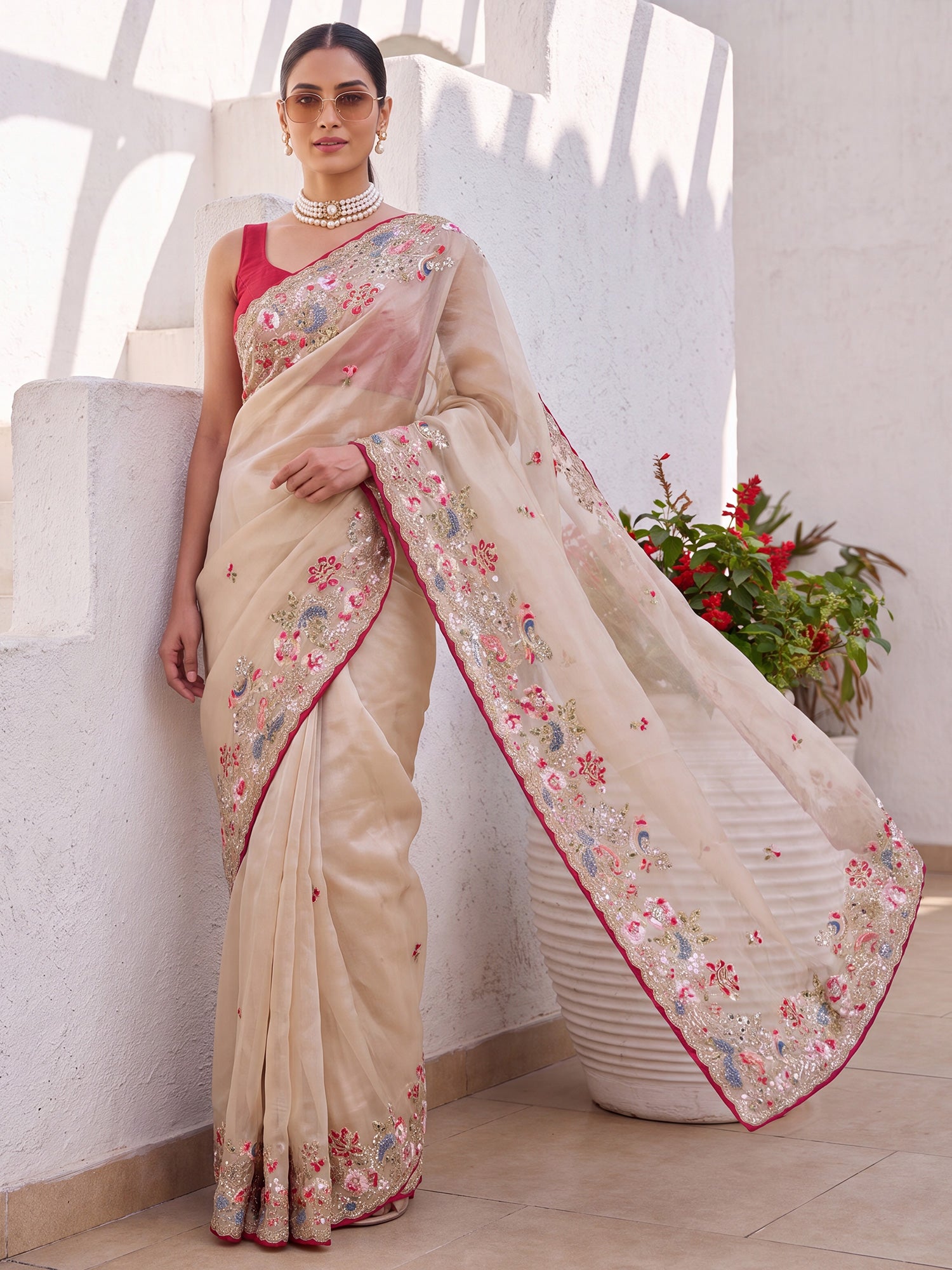 Beige Organza saree – detail view 3