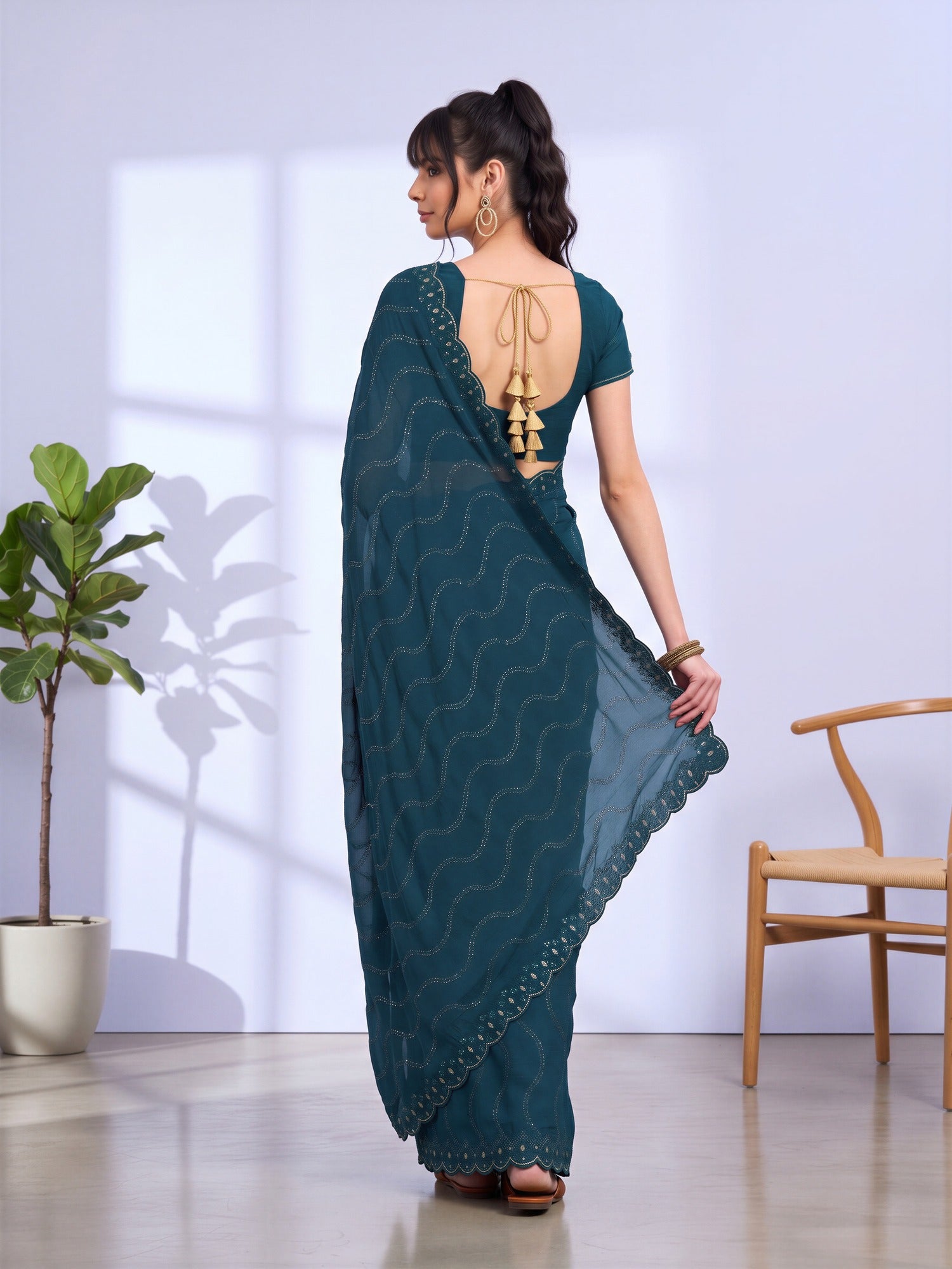 Teal Blue Tissue saree – detail view 1