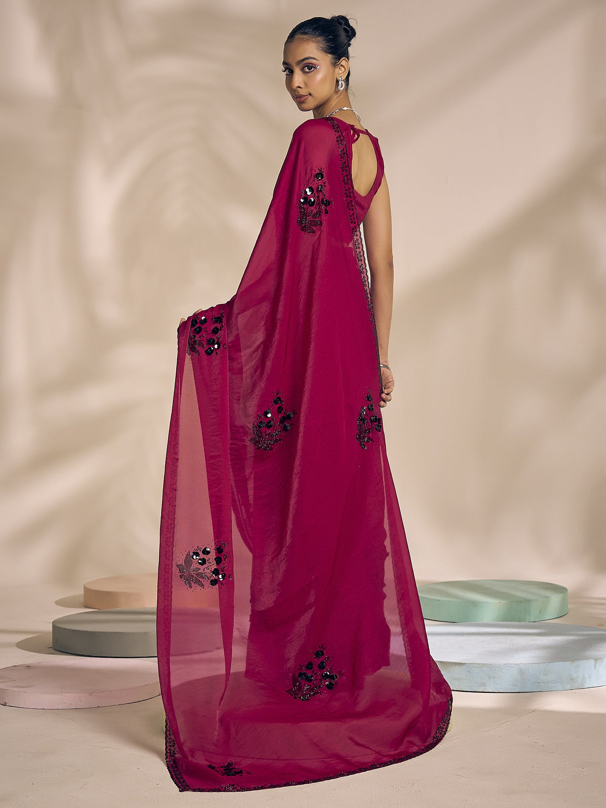 Magenta satin silk saree view 2