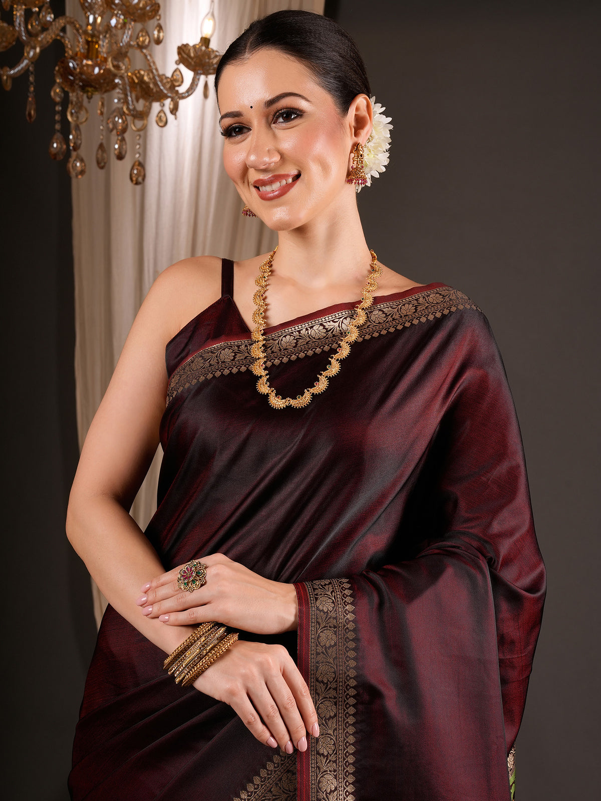 Burgundy Satin Silk saree – detail view 3