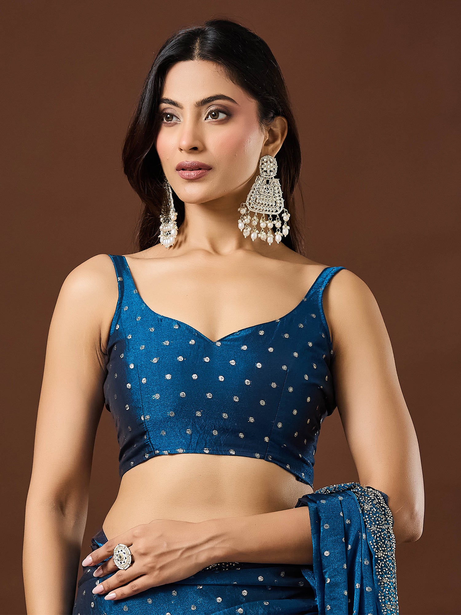 Unstitched teal blue silk blend blouse piece with zari butta design