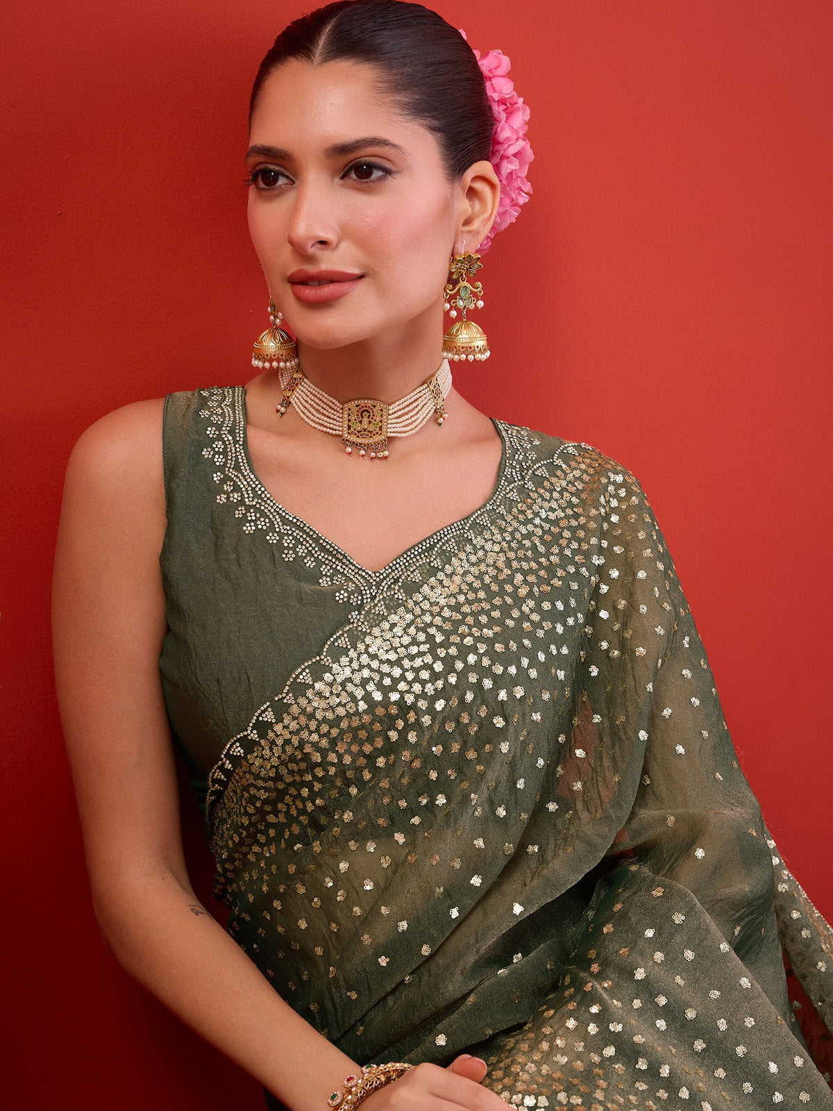 Olive organza saree view 5