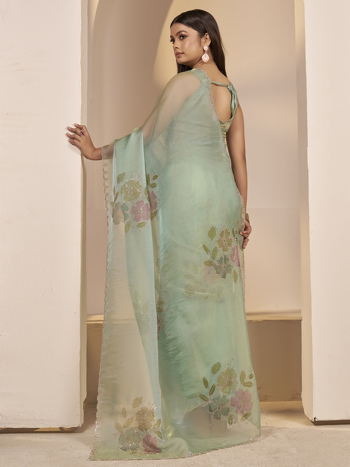 Sea Green organza saree view 4