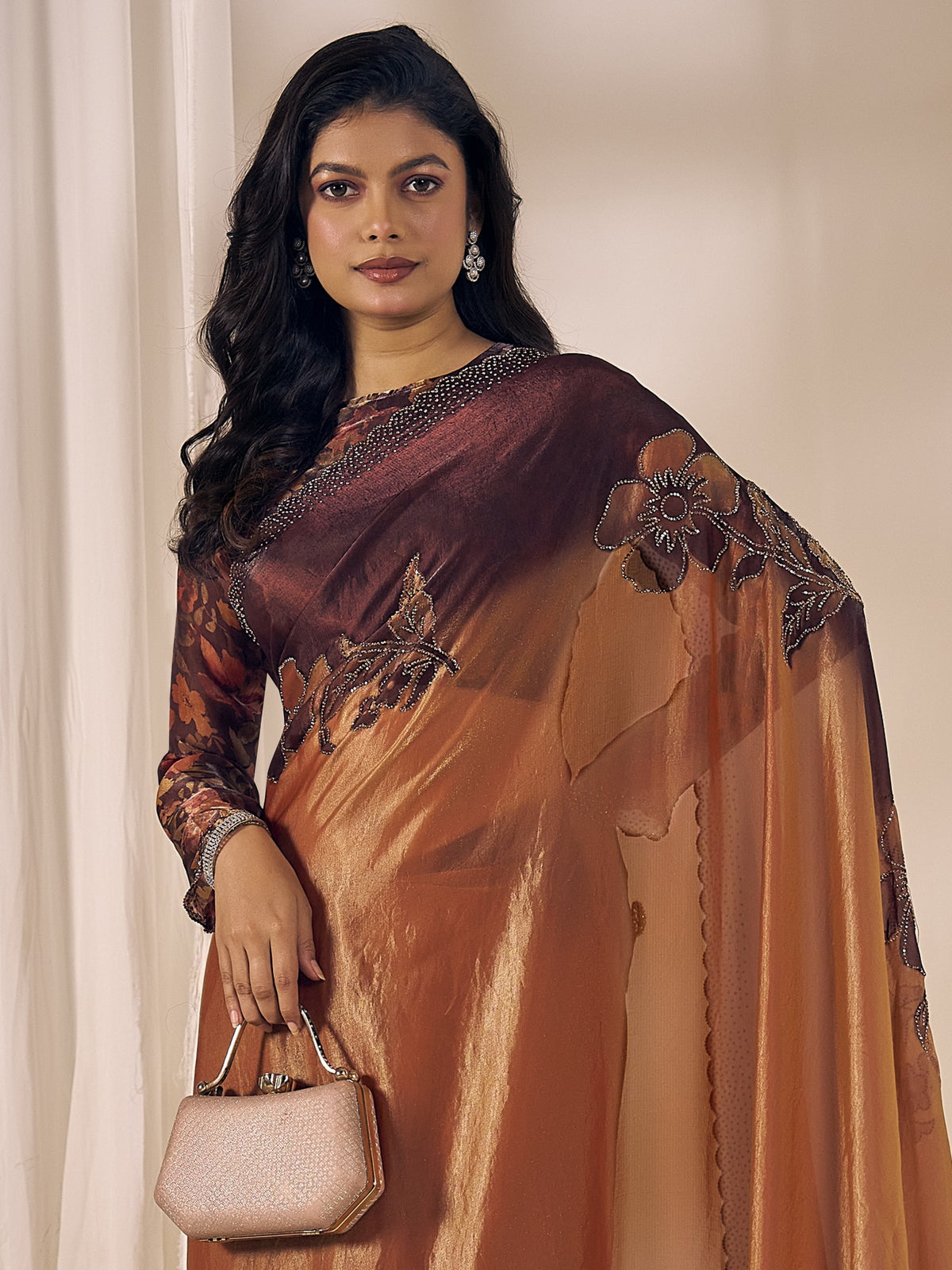 Bronze satin silk saree view 5