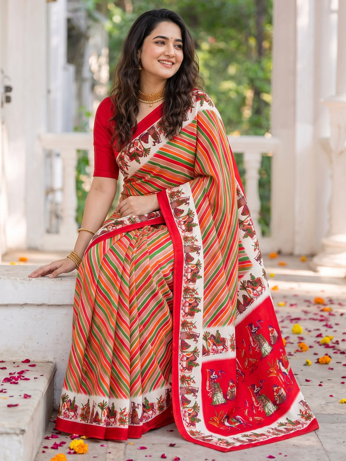 Red crepe saree view 3