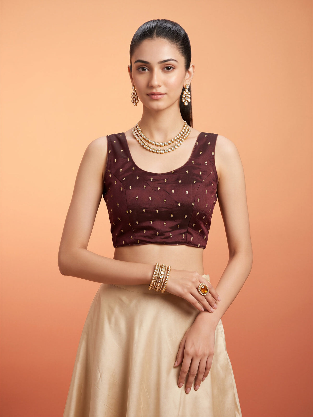 Brown sequin embellished silk blend sleeveless readymade saree blouse with round neck