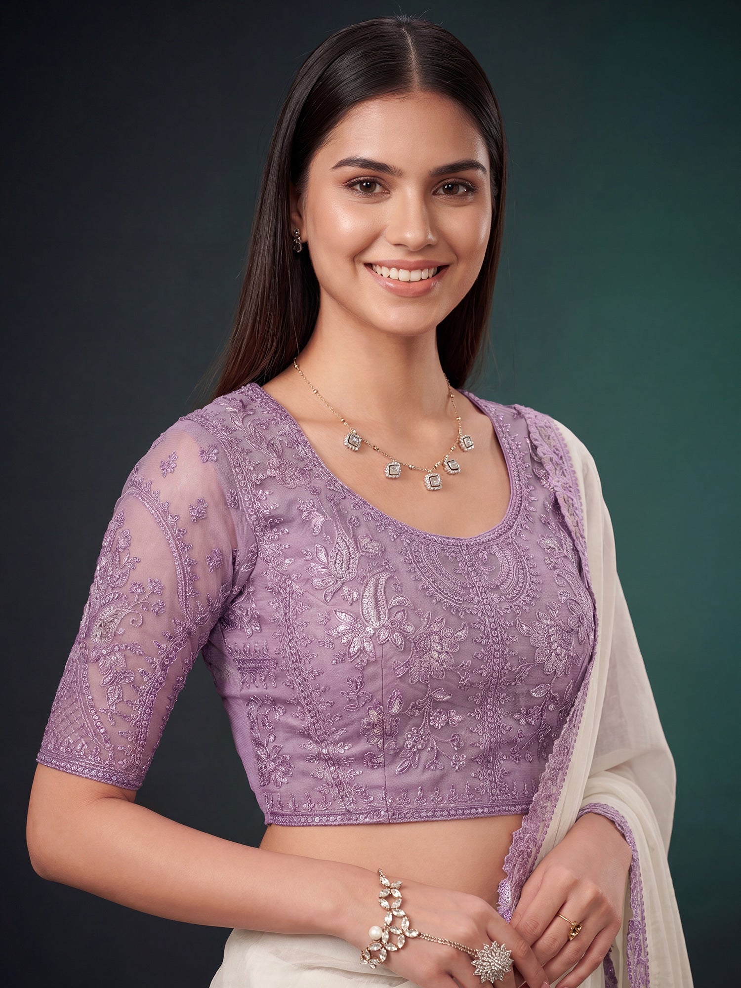 Unstitched lavender tussar silk blouse piece with embellished design