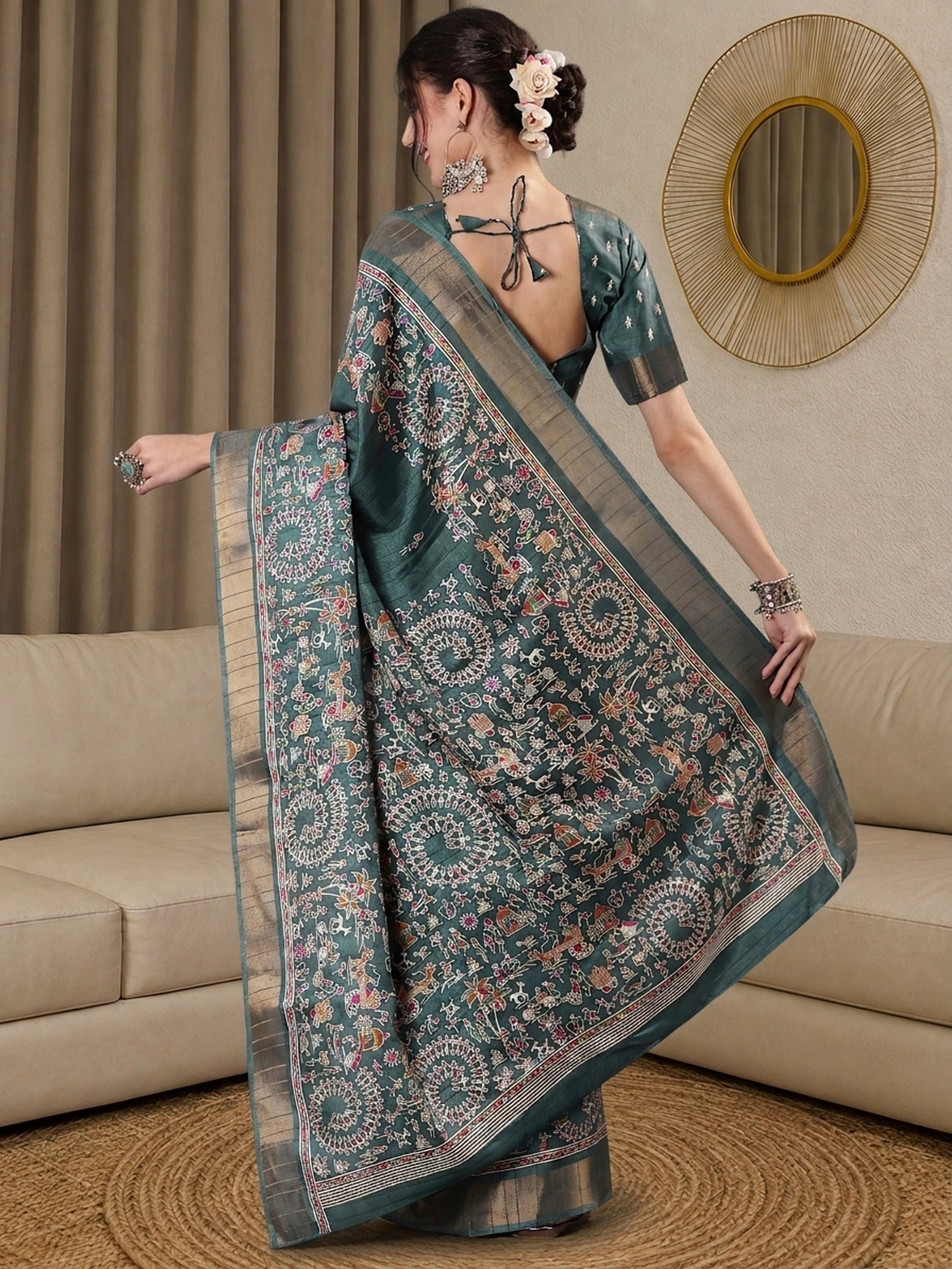 Teal Green Silk Blend saree – detail view 3
