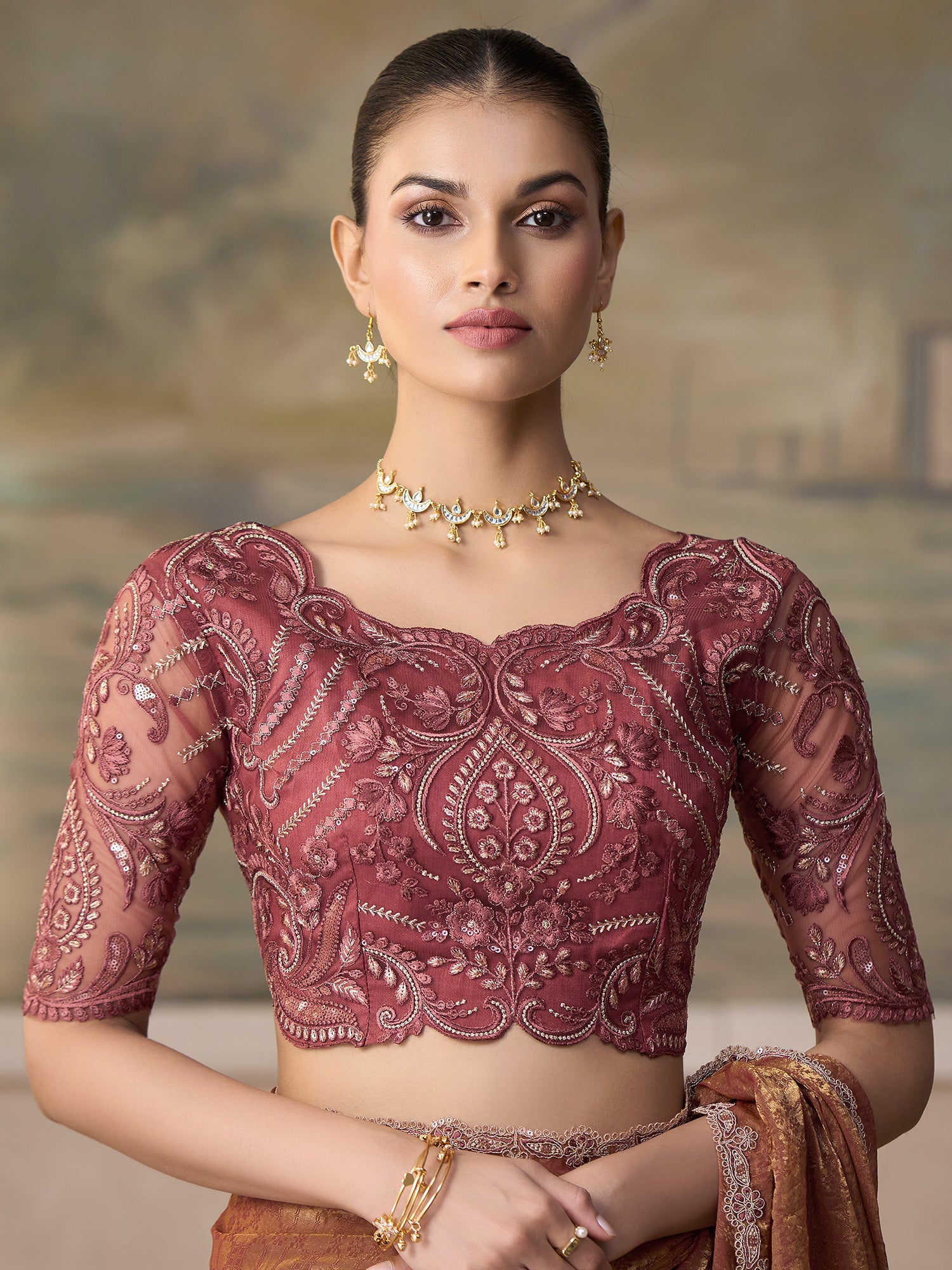 Unstitched mauve tussar silk blouse piece with embellished design