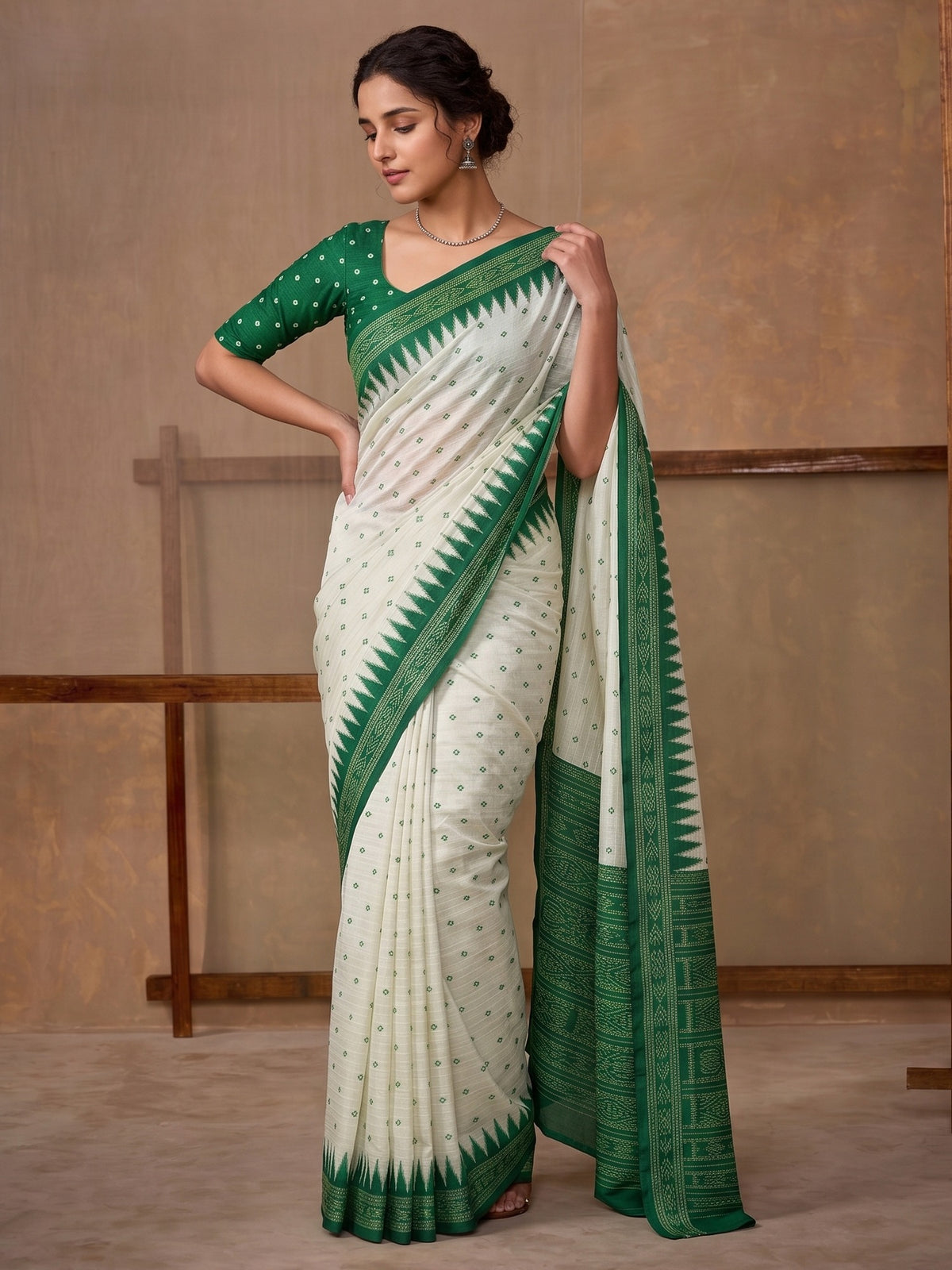 Off White ethnic motif tussar silk saree with green blouse piece