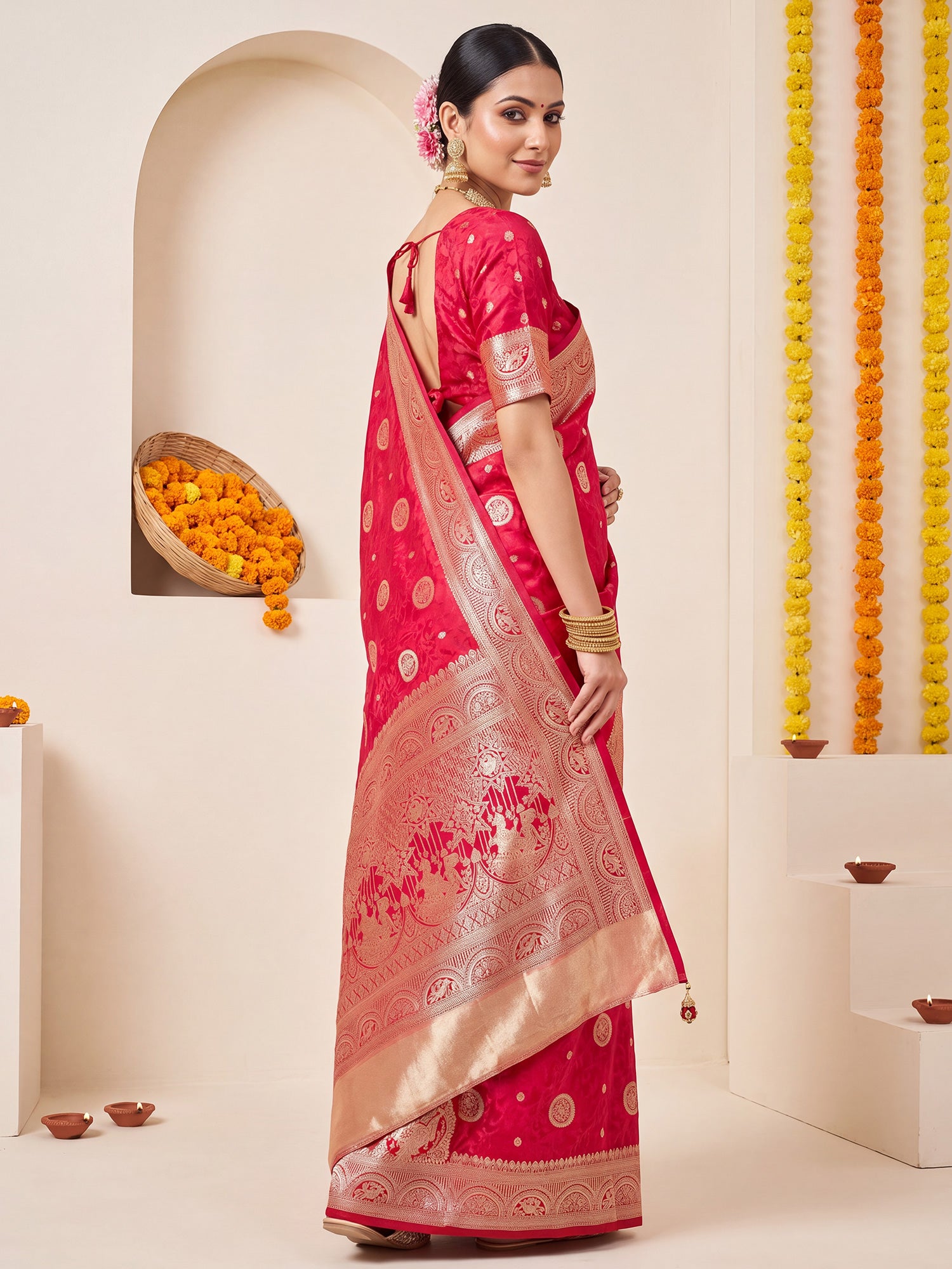 Pink Satin Silk saree – detail view 1
