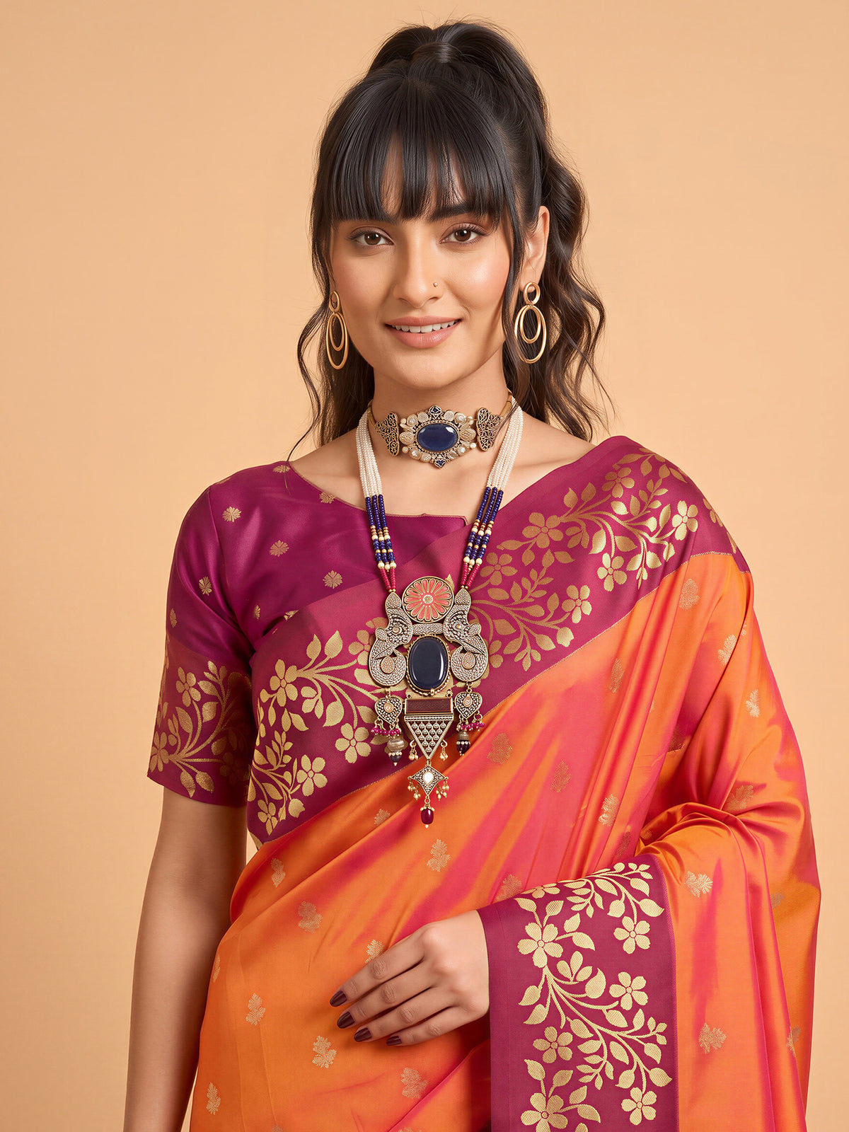 Orange Cotton Blend saree – detail view 4