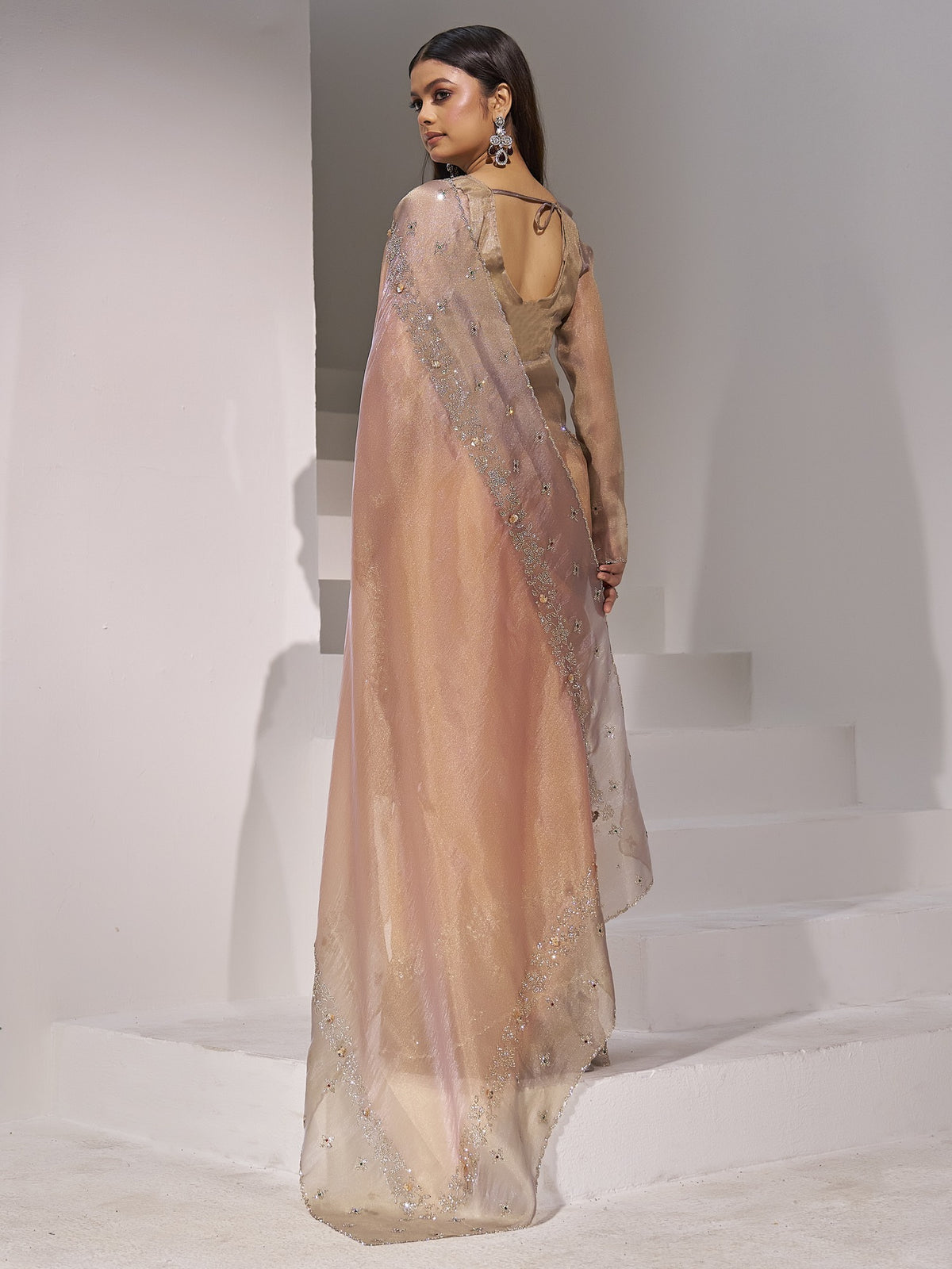 Peach organza saree view 4