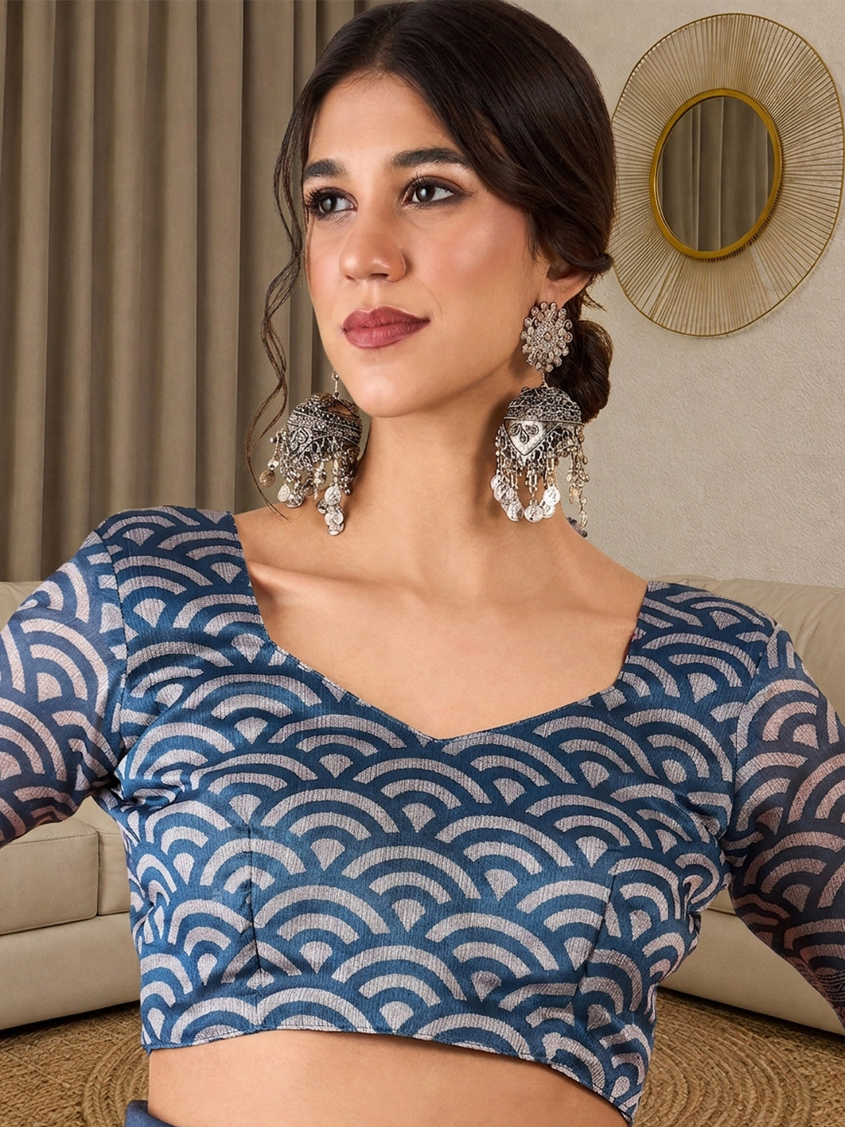 Unstitched blue silk blend blouse piece with ethnic motif design