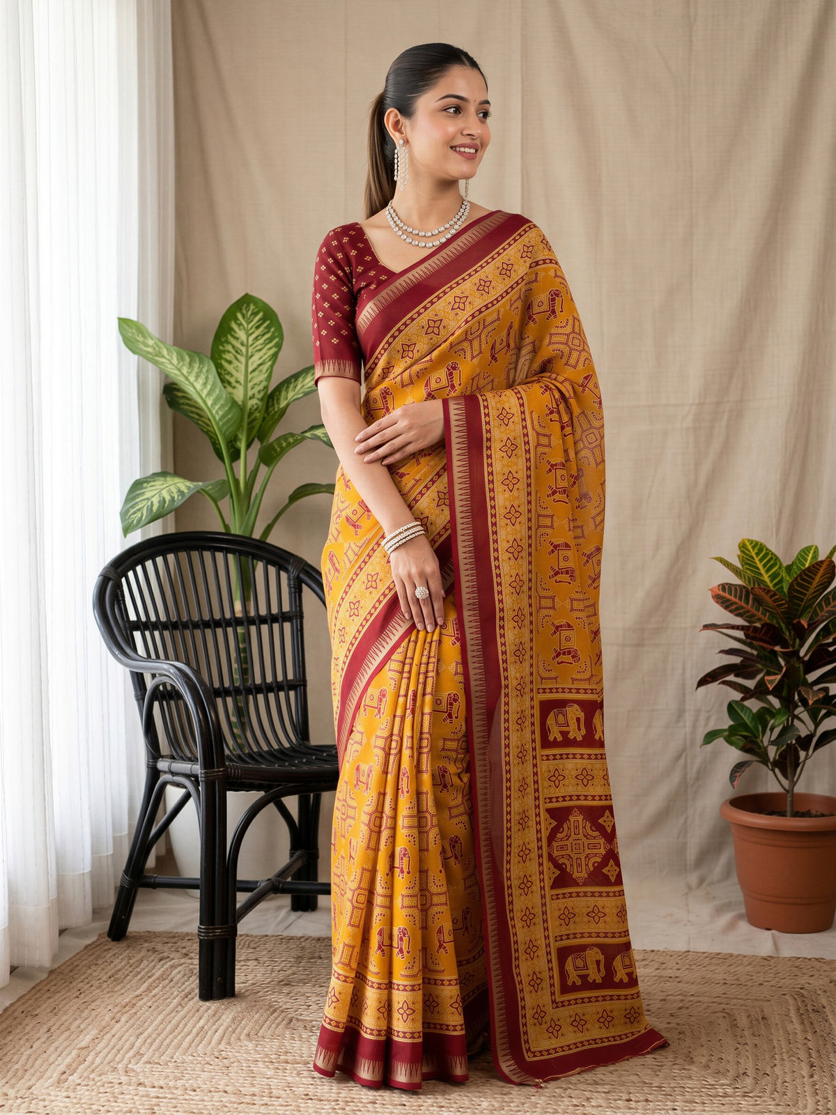 Woman wearing mustard georgette saree with traditional indian motif work and maroon blouse