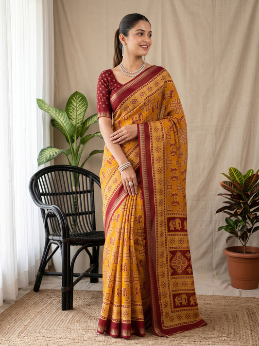 Woman wearing mustard georgette saree with traditional indian motif work and maroon blouse