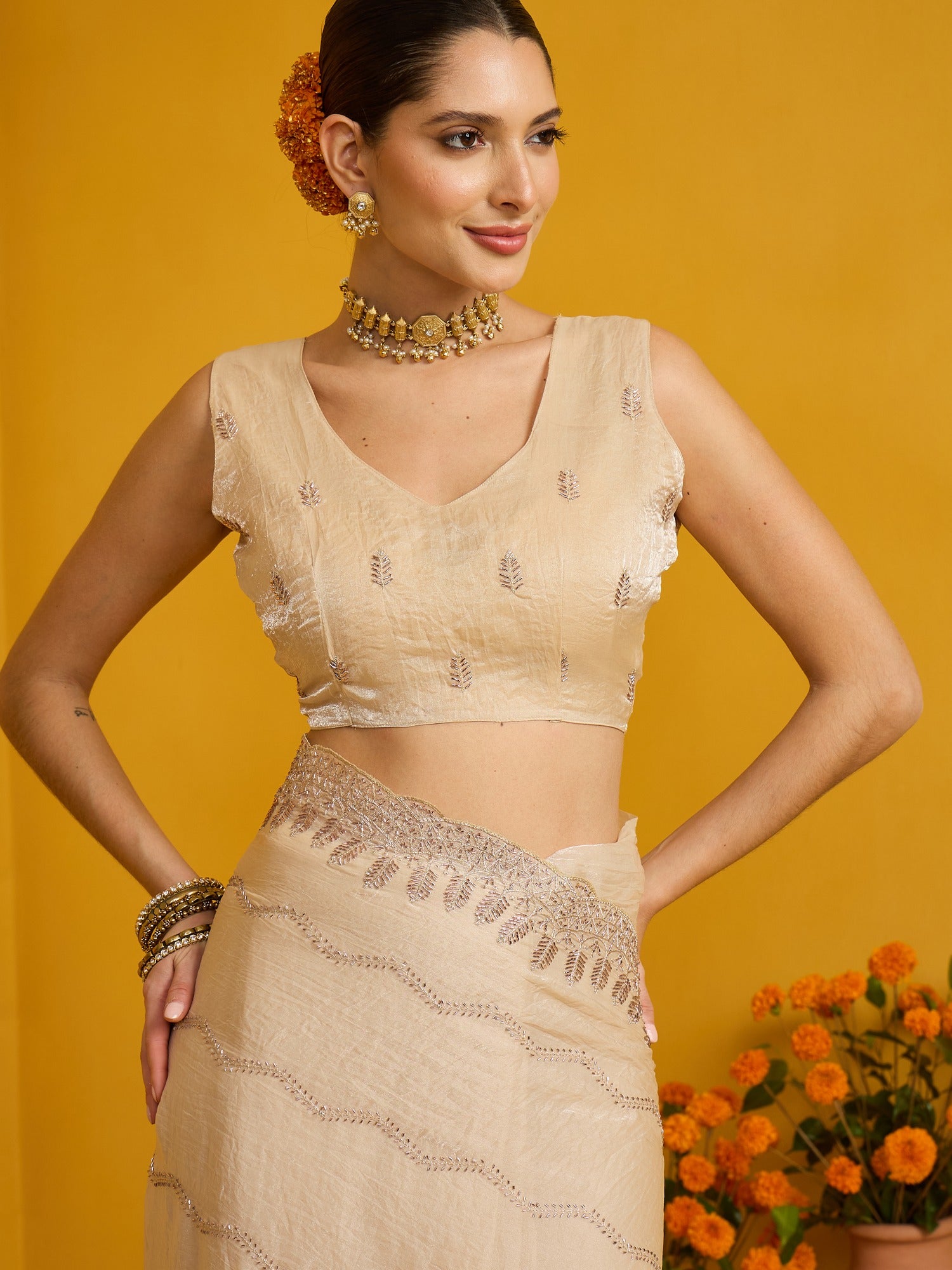 Cream Satin Silk saree – detail view 2