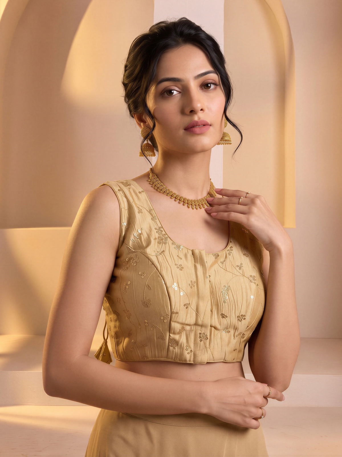 Gold sequin embroidered vichitra silk sleeveless readymade saree blouse with round neck view 3