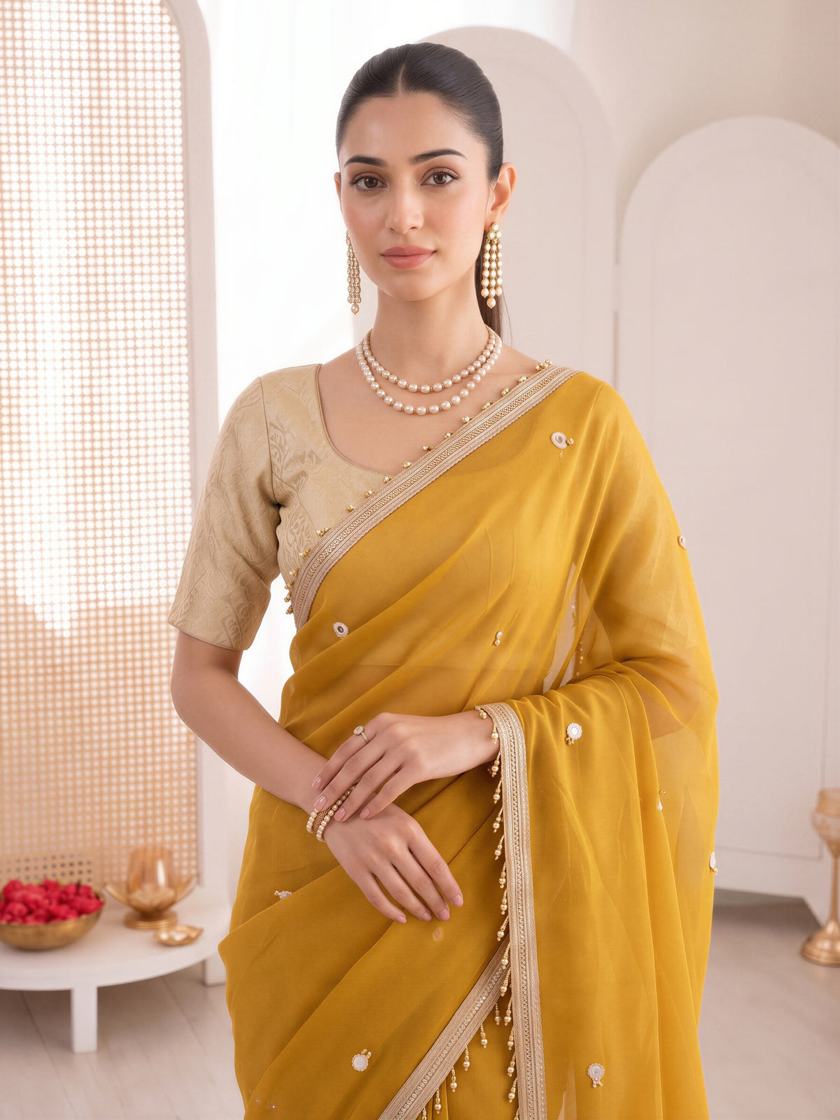 Yellow poly georgette saree view 3