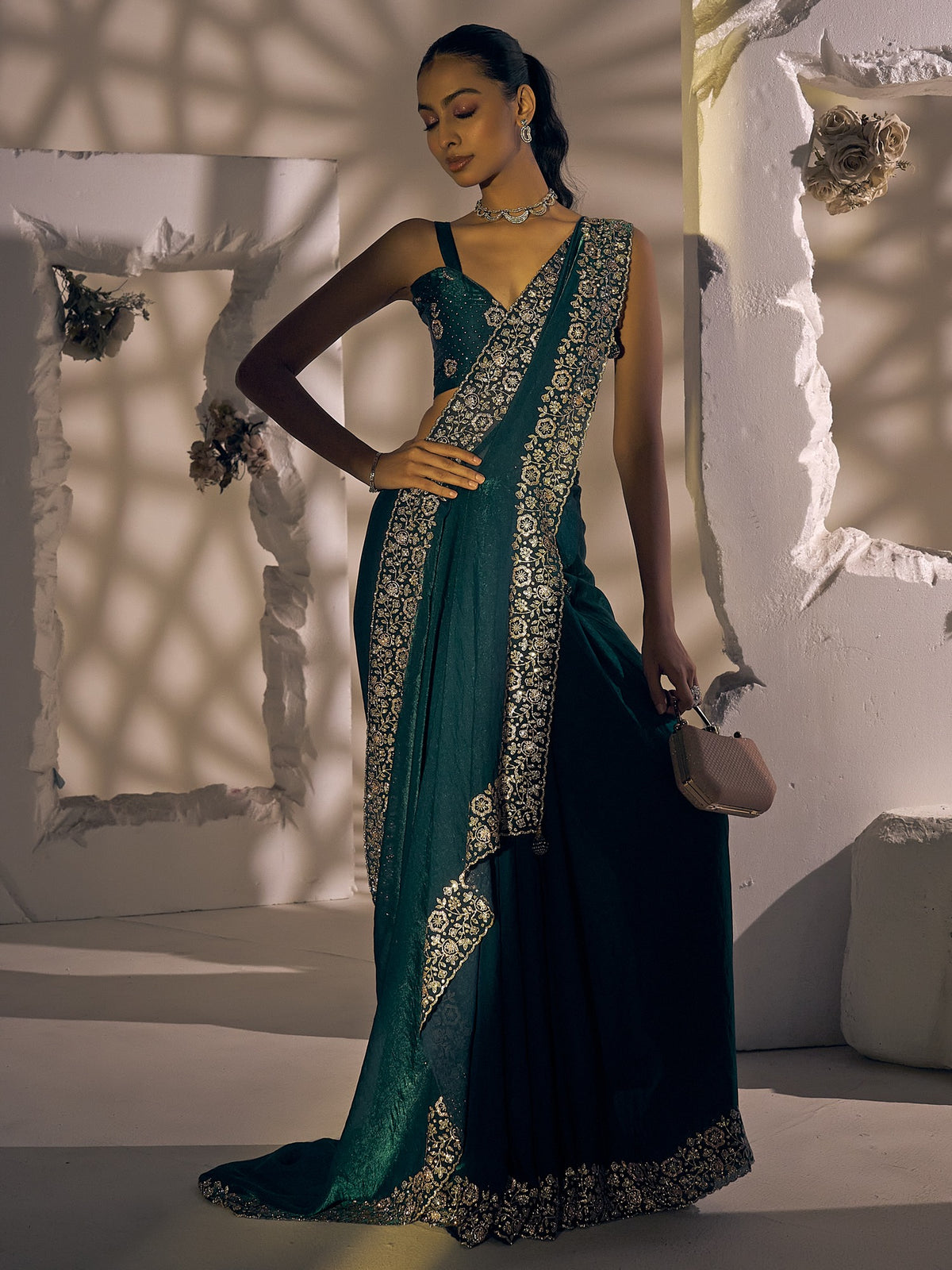 Teal Green satin silk saree view 6