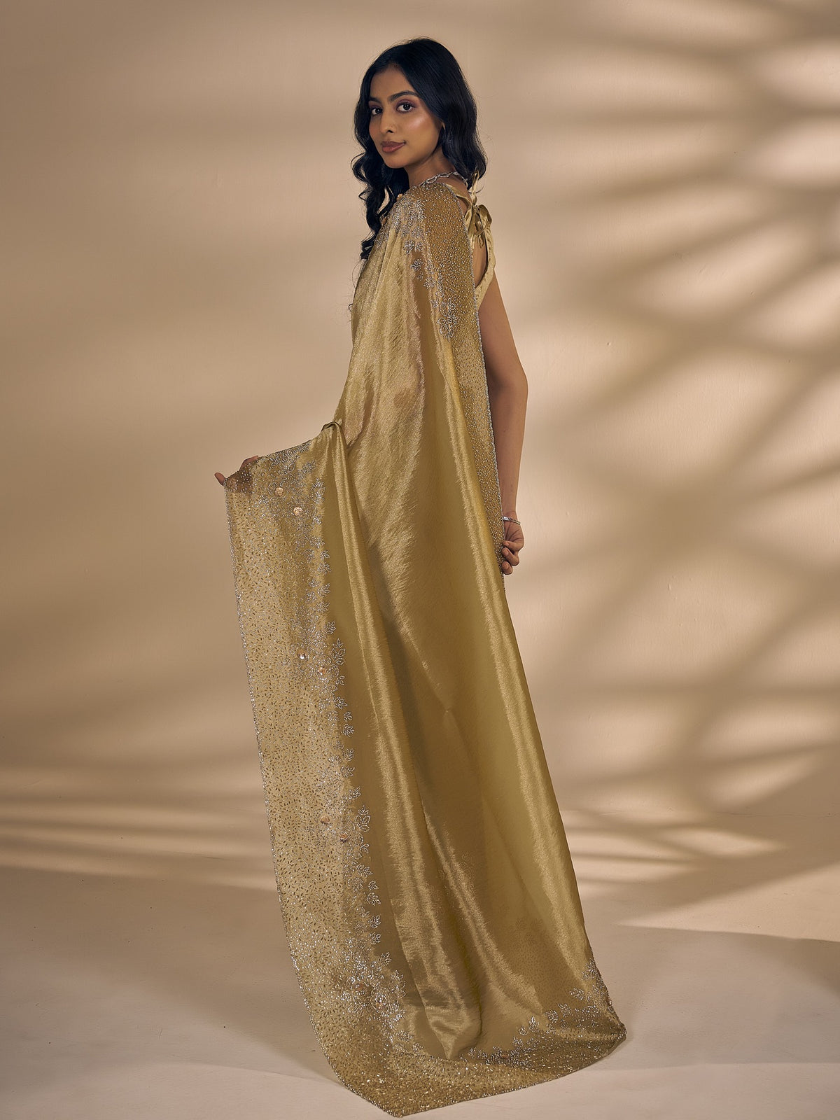 Olive organza saree view 2
