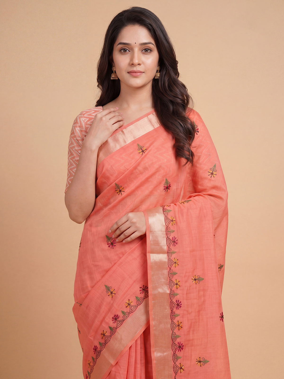 Peach Cotton Linen saree – detail view 4