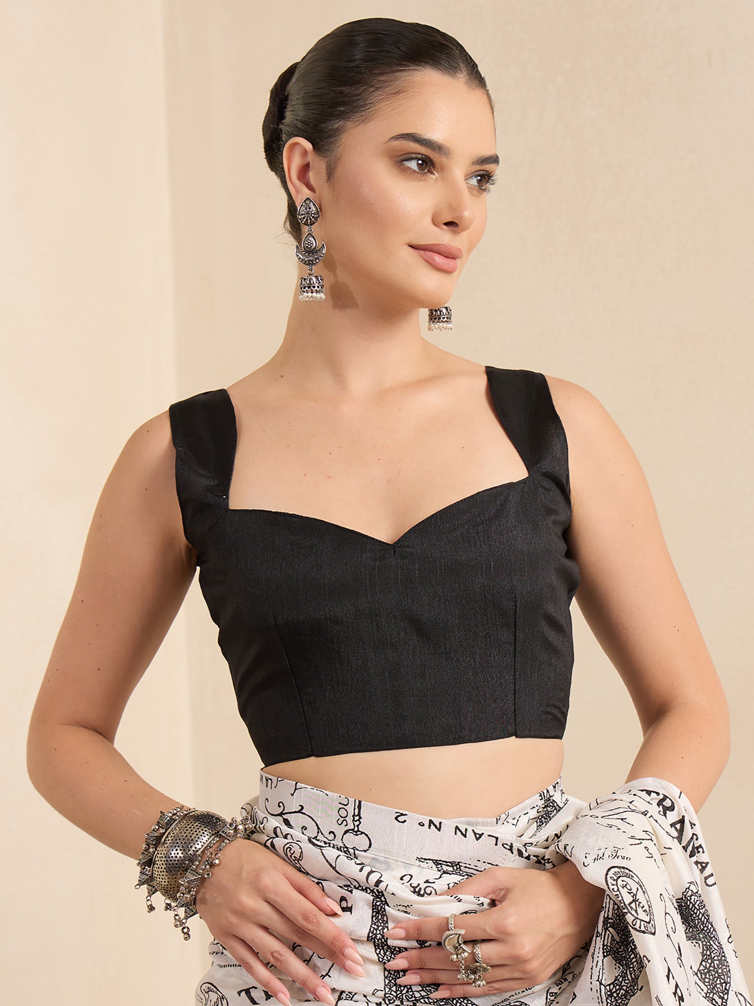 Unstitched black bhagalpuri silk blouse piece with solid design