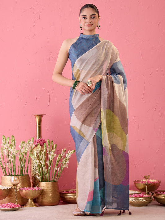 Woman wearing multicolored cotton silk ready to wear saree with abstract contemporary design and teal blue blouse