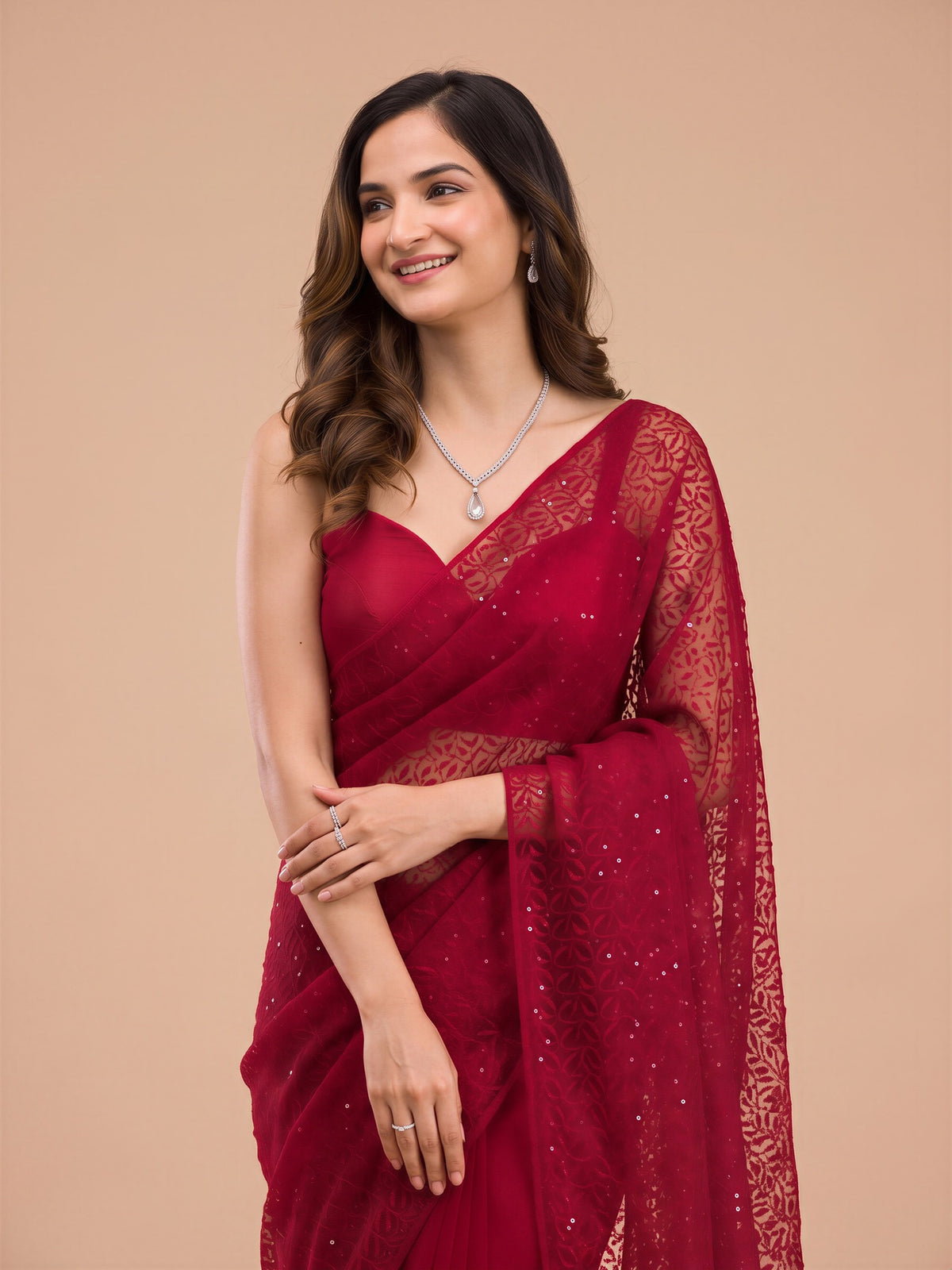 Maroon Net saree – detail view 2