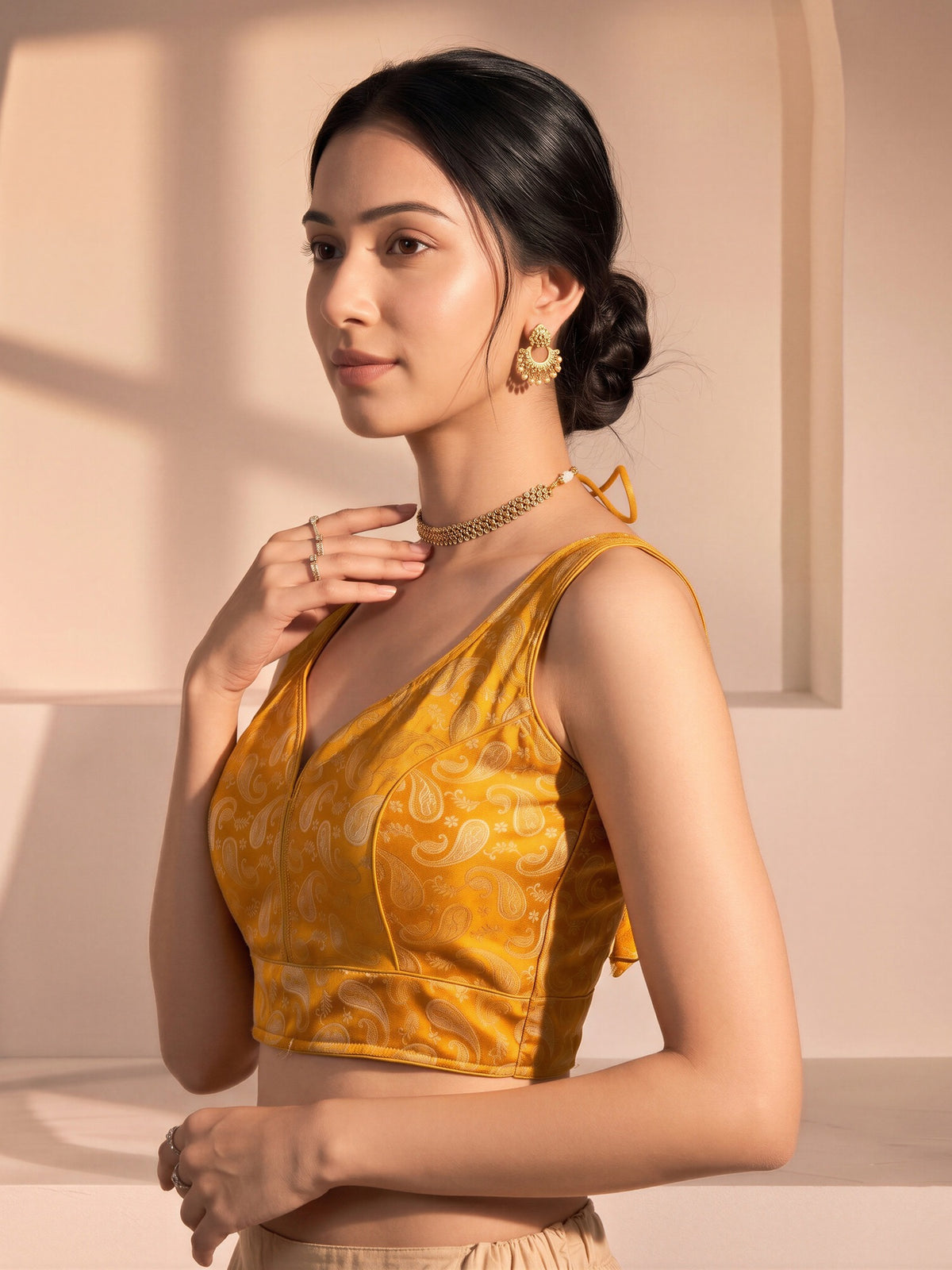 Orange woven brocade silk blend sleeveless readymade saree blouse with v neck view 2