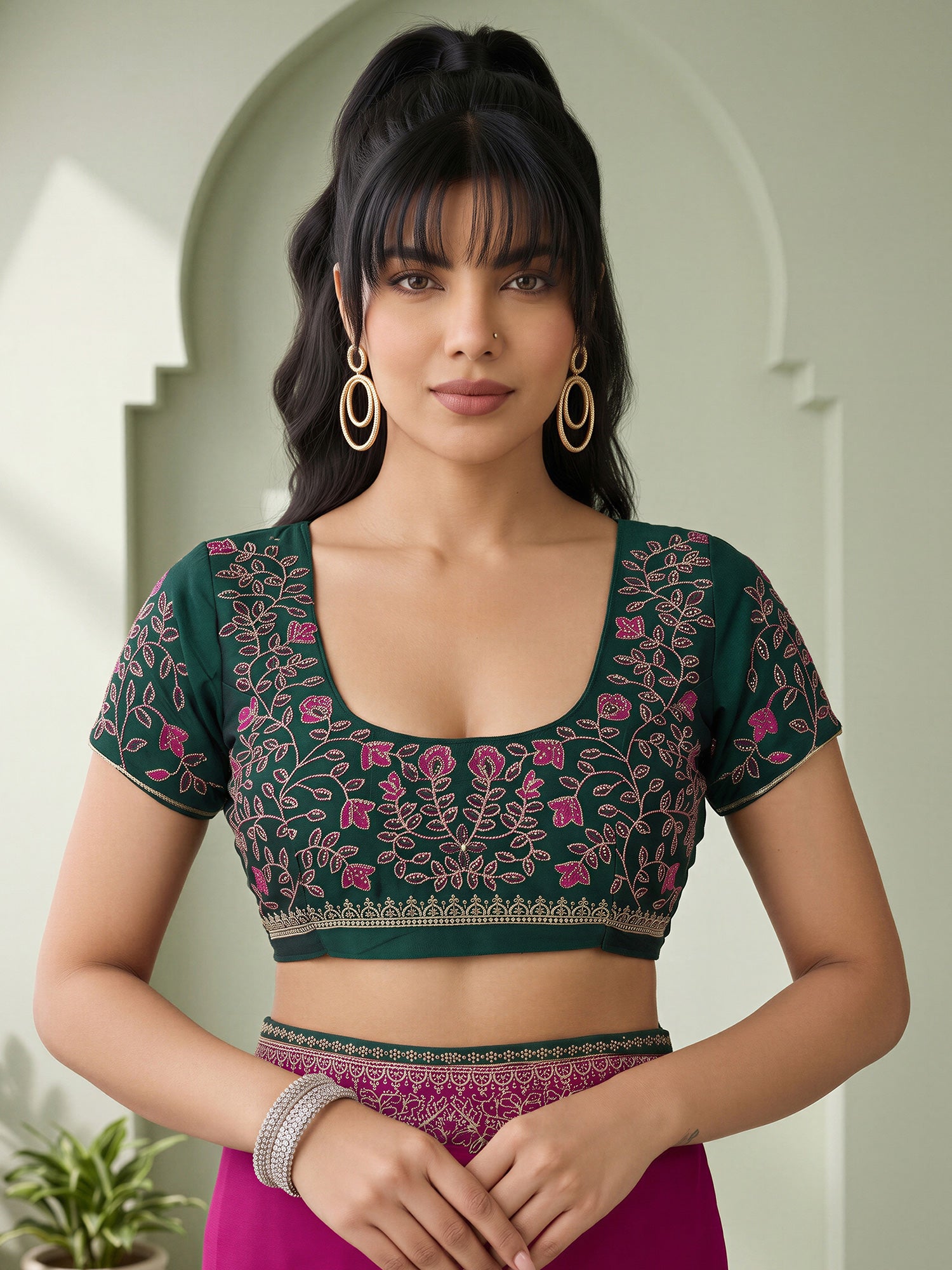 Unstitched green vichitra silk blouse piece with botanical design