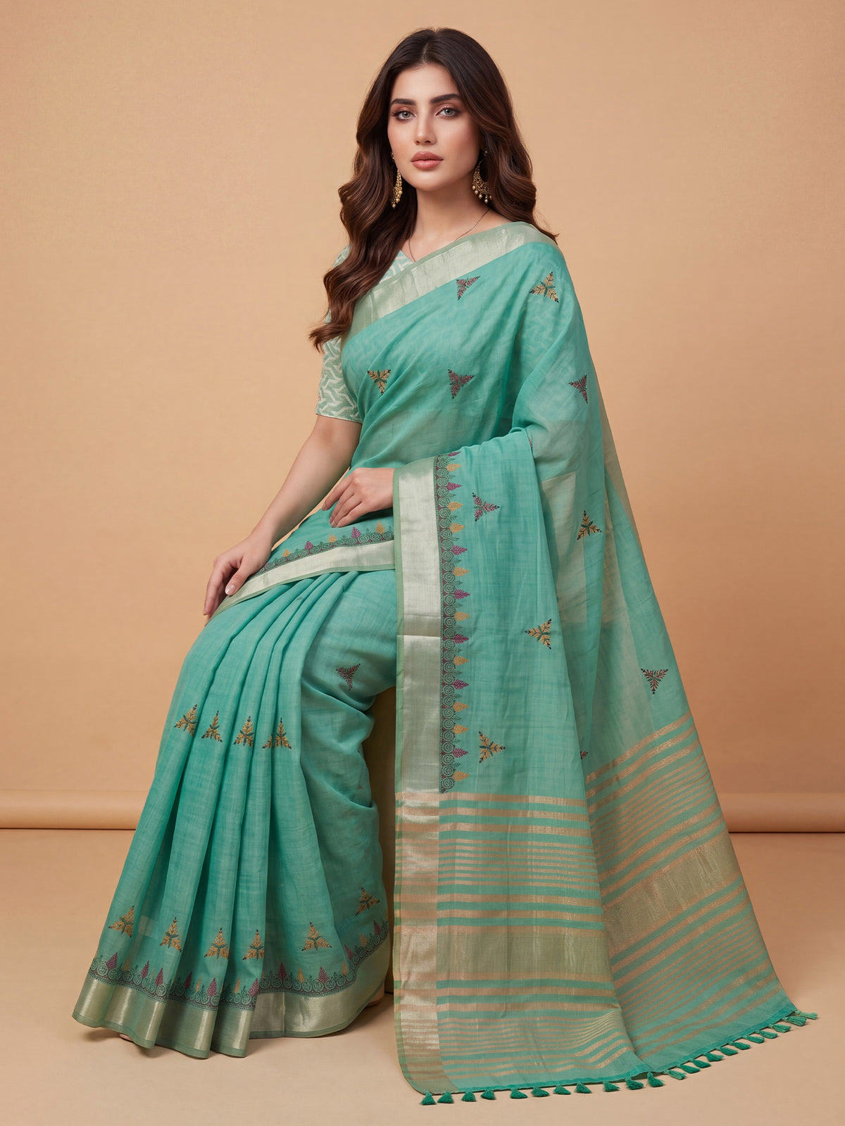Sea Green Cotton Linen saree – detail view 3