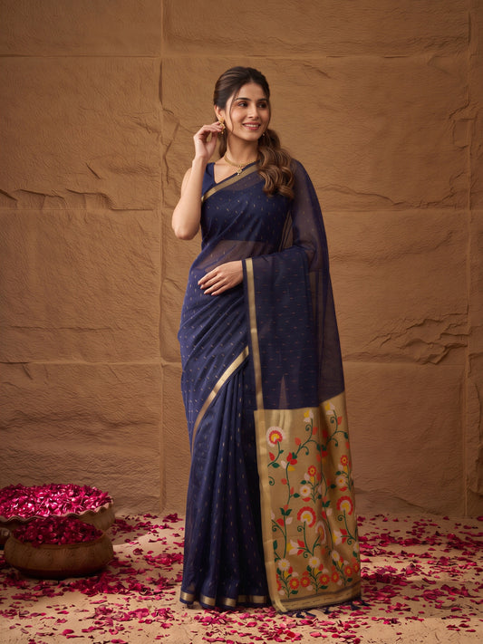 Navy Blue striped silk blend saree with navy blue blouse piece