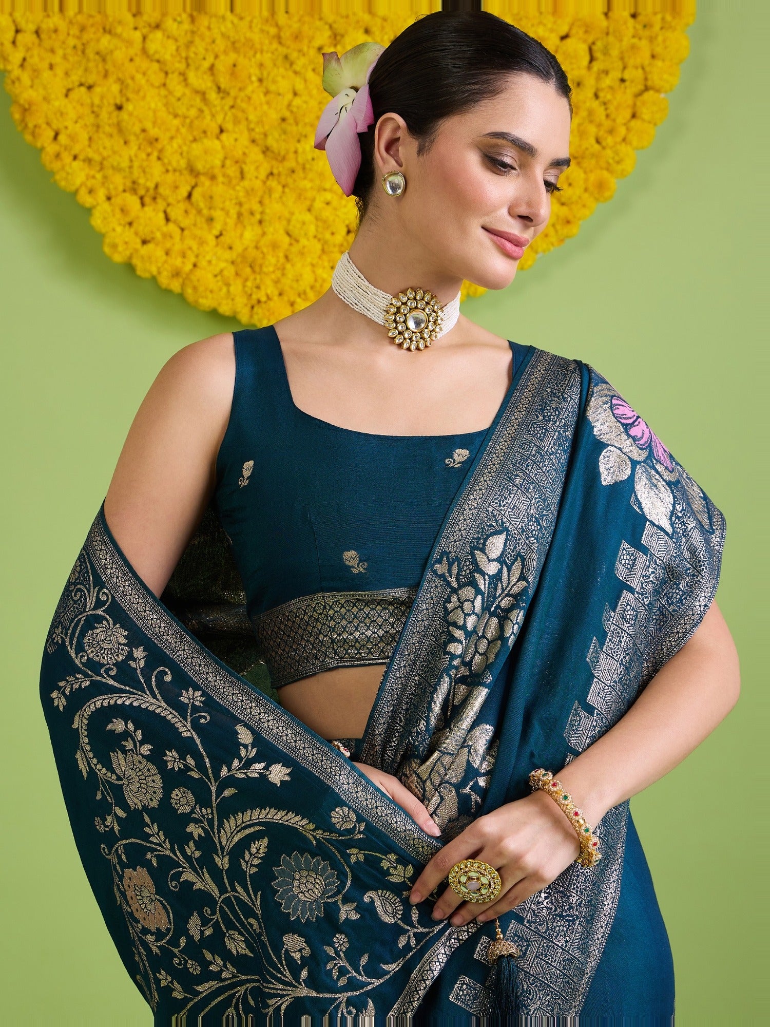 Teal Blue Silk Blend saree – detail view 4