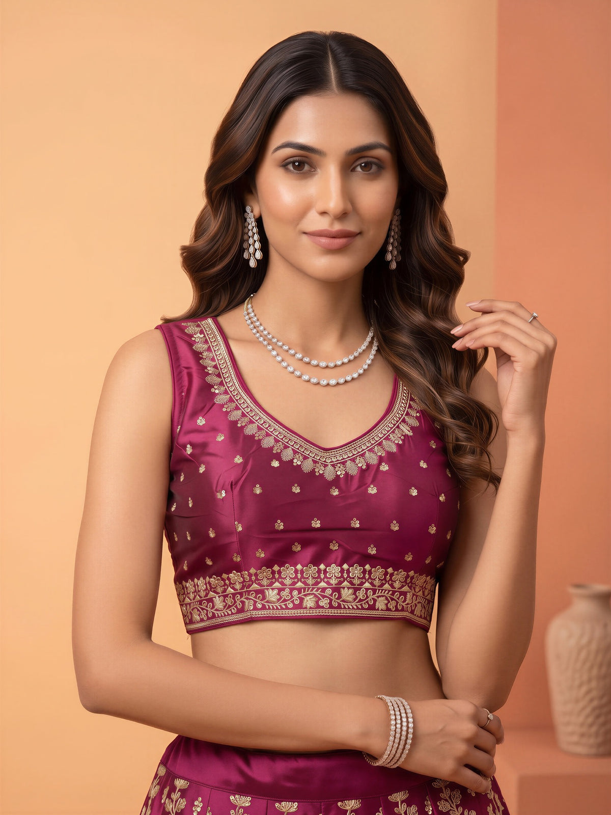 Wine sequin embellished silk blend sleeveless readymade saree blouse with round neck view 3