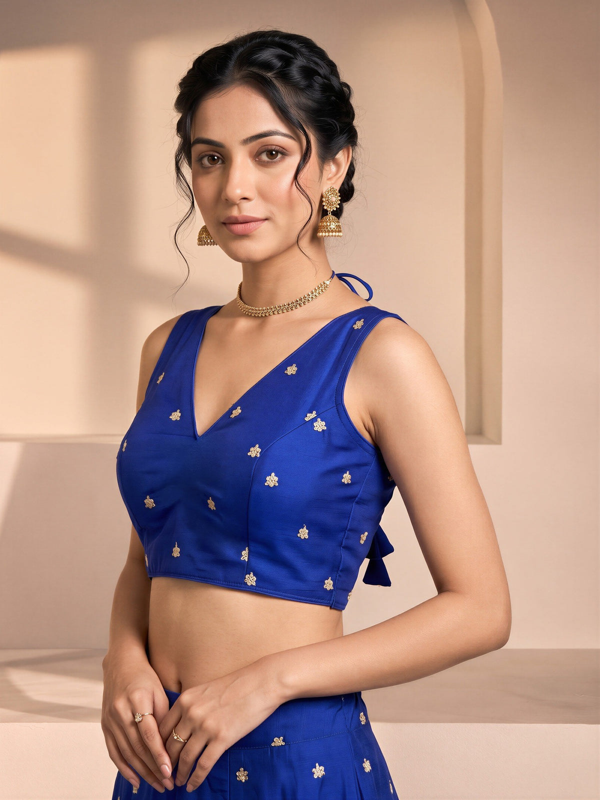 Blue sequin embellished vichitra silk sleeveless readymade saree blouse with v neck