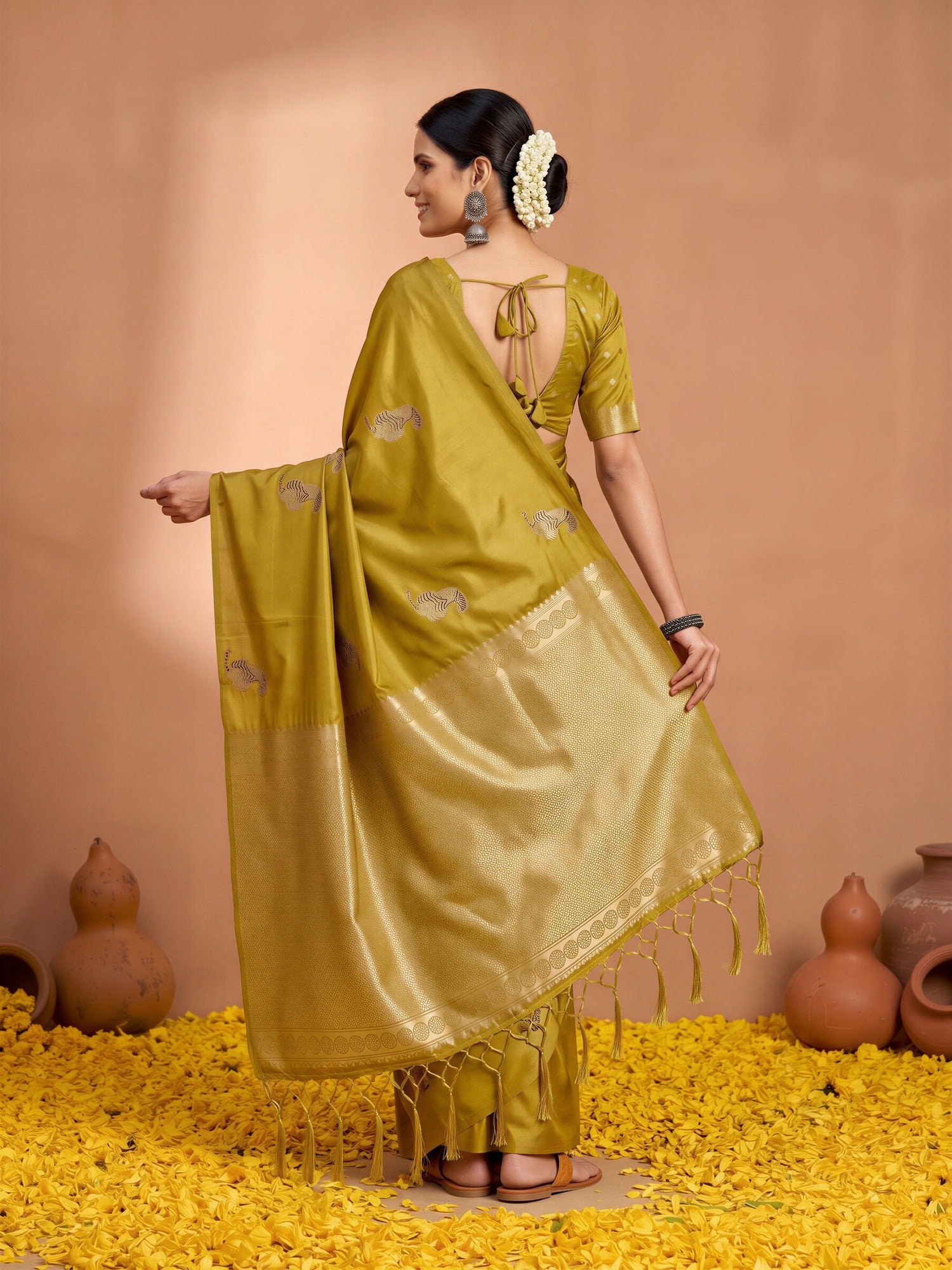 Mustard Satin Silk saree – detail view 1