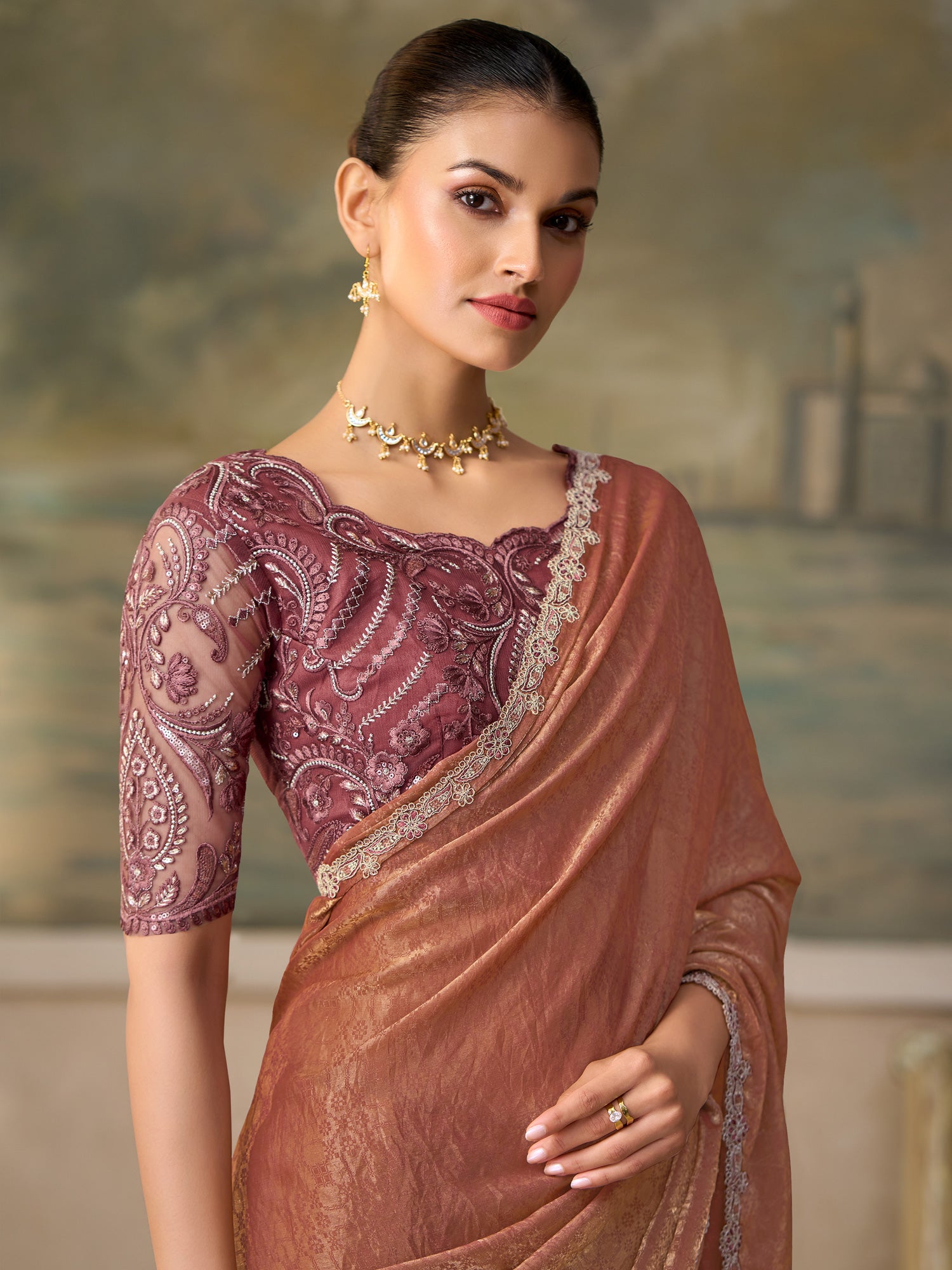 Rust Georgette saree – detail view 1