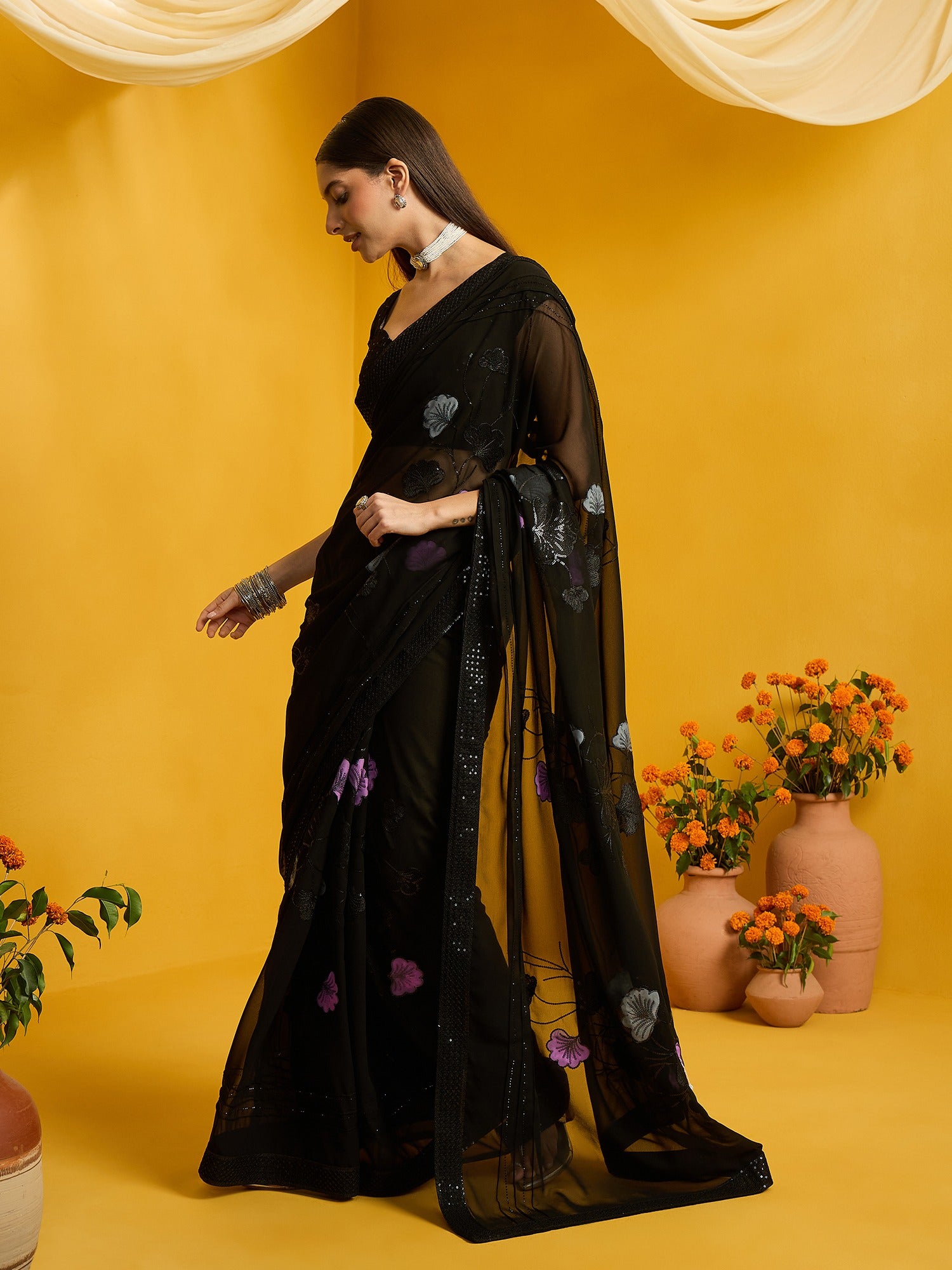 Black Georgette saree – detail view 6