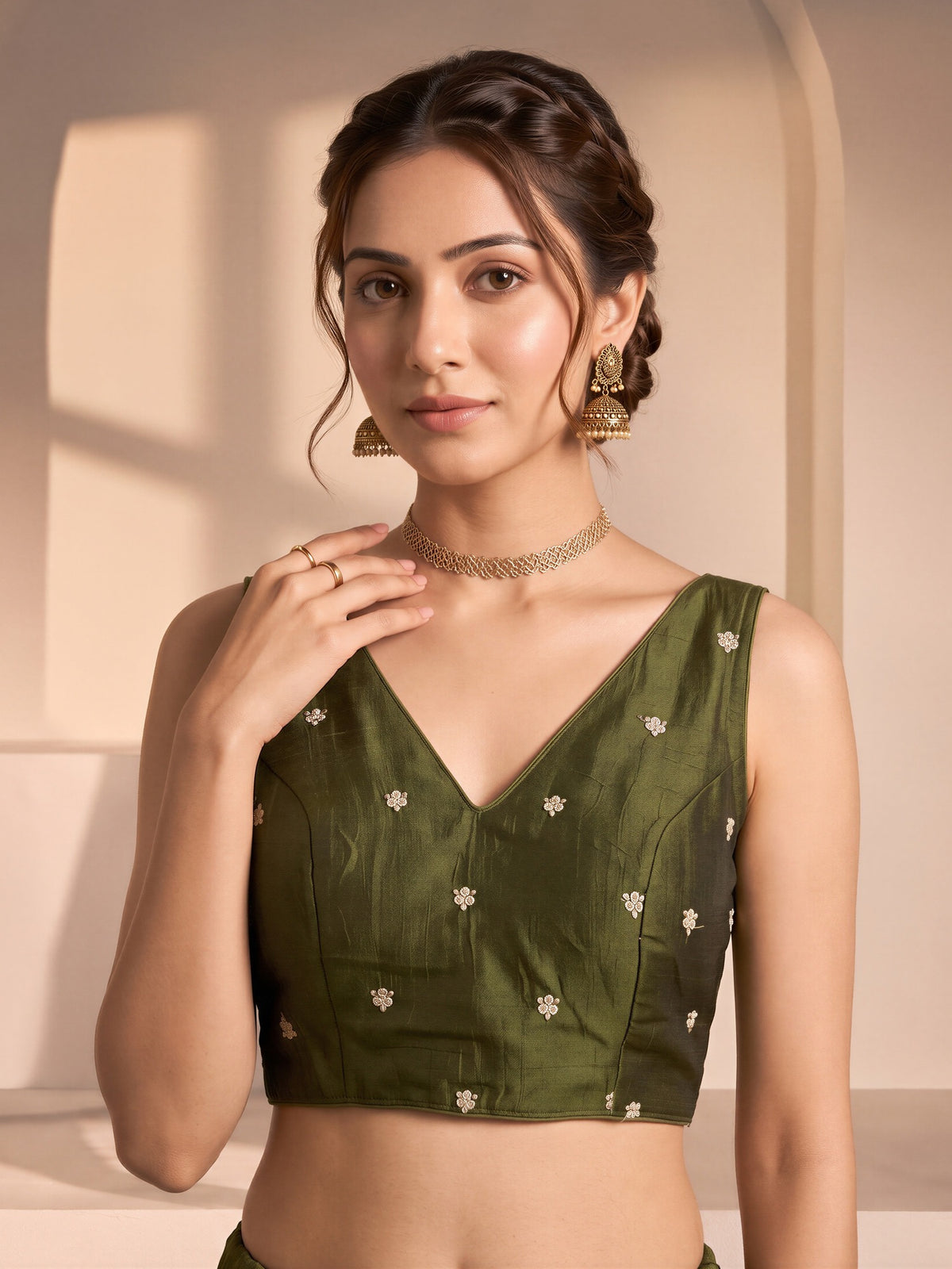 Olive sequin embellished vichitra silk sleeveless readymade saree blouse with v neck