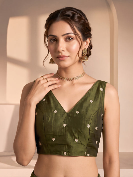 Olive sequin embellished vichitra silk sleeveless readymade saree blouse with v neck