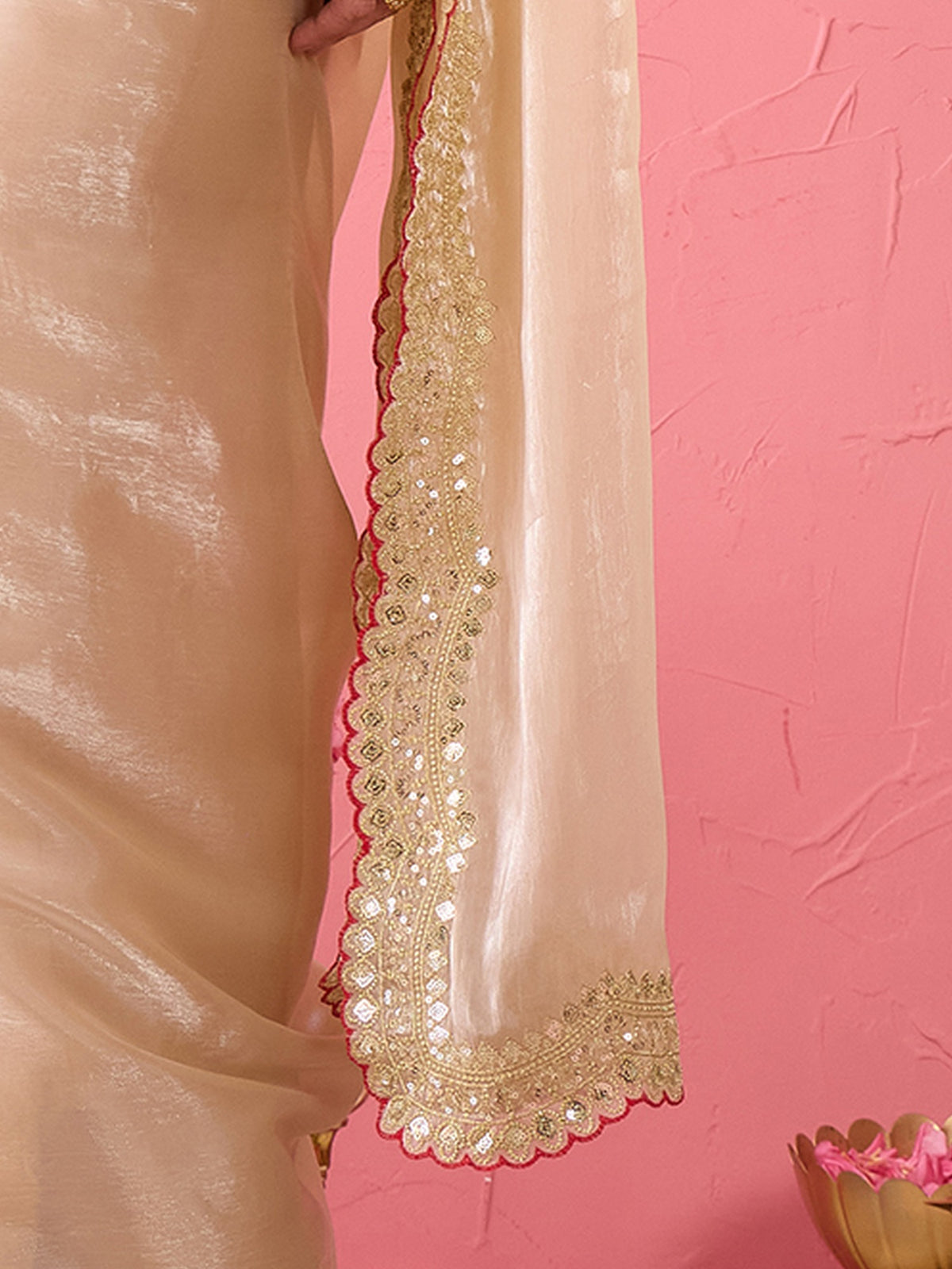 Pallu detail of beige satin saree showing ornamented surface design and embellished border