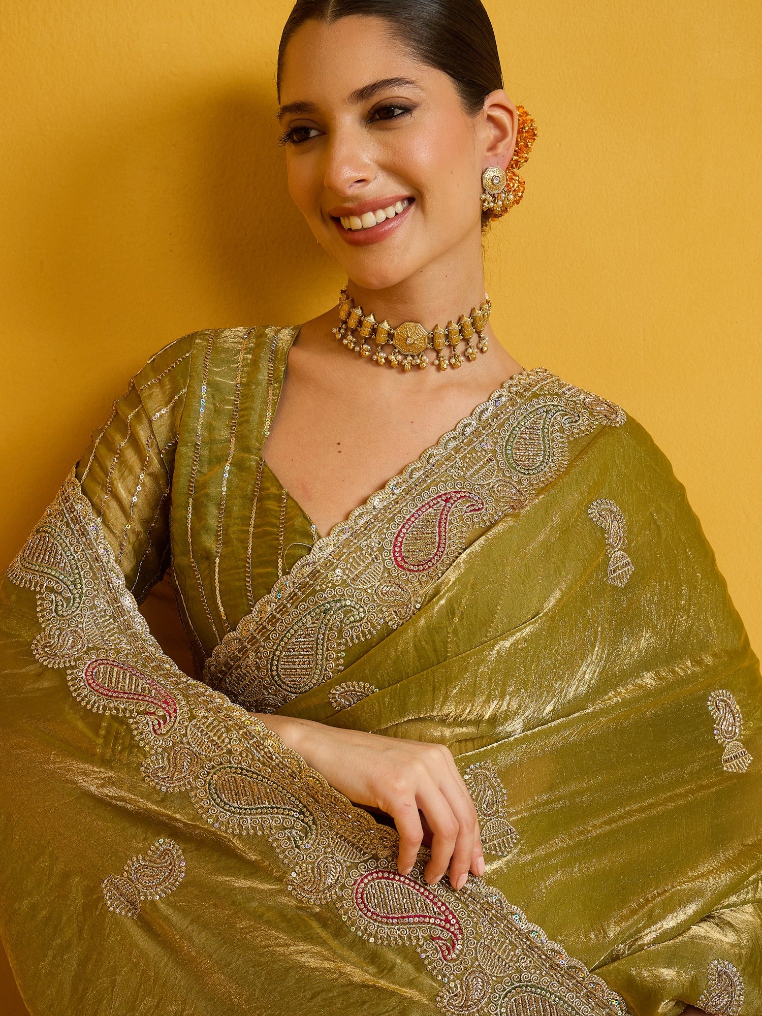 Olive Satin Silk saree – detail view 3
