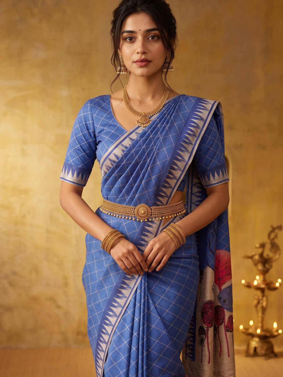 Blue soft silk saree view 1