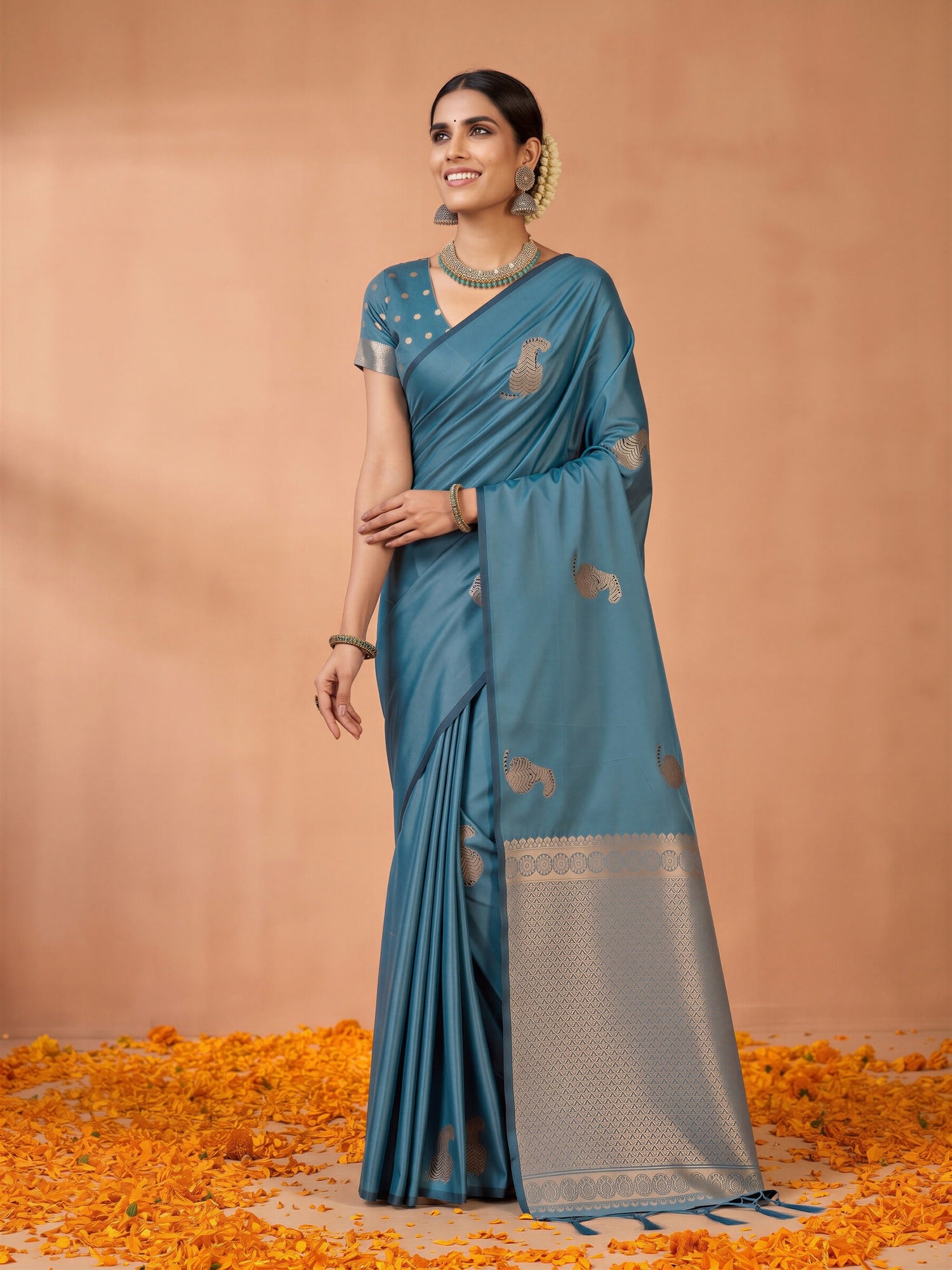 Teal Blue Satin Silk saree – detail view 3