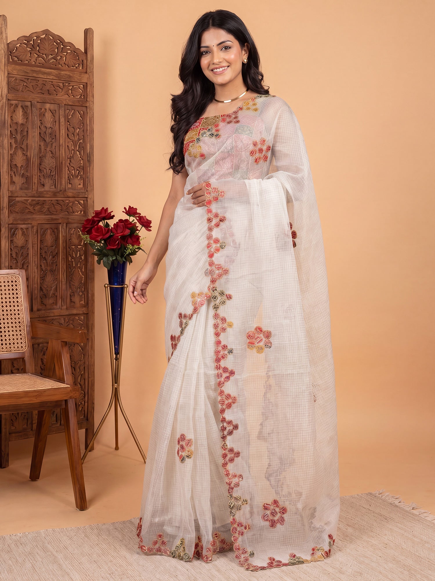 White Kota Doria Cotton saree – detail view 3