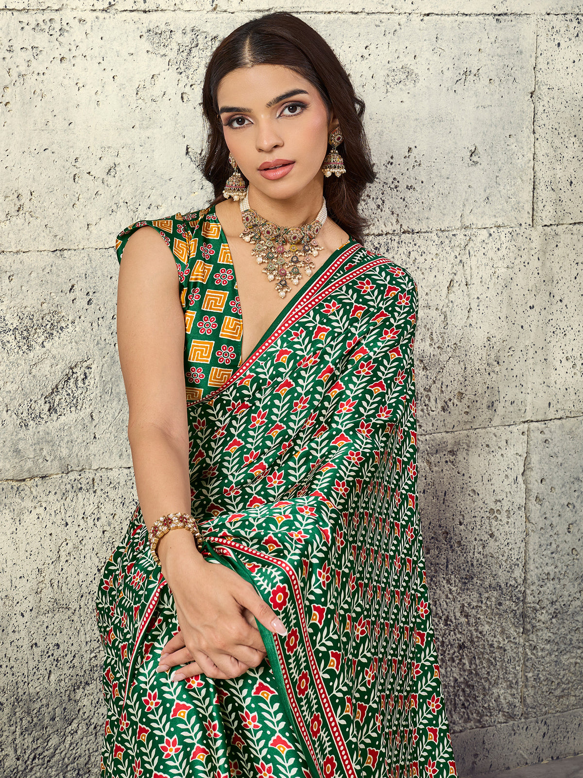Green Satin saree – detail view 3