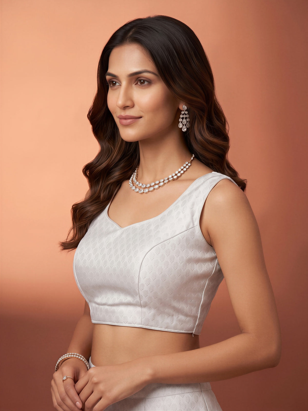 White woven brocade silk blend sleeveless readymade saree blouse with sweetheart neck view 2