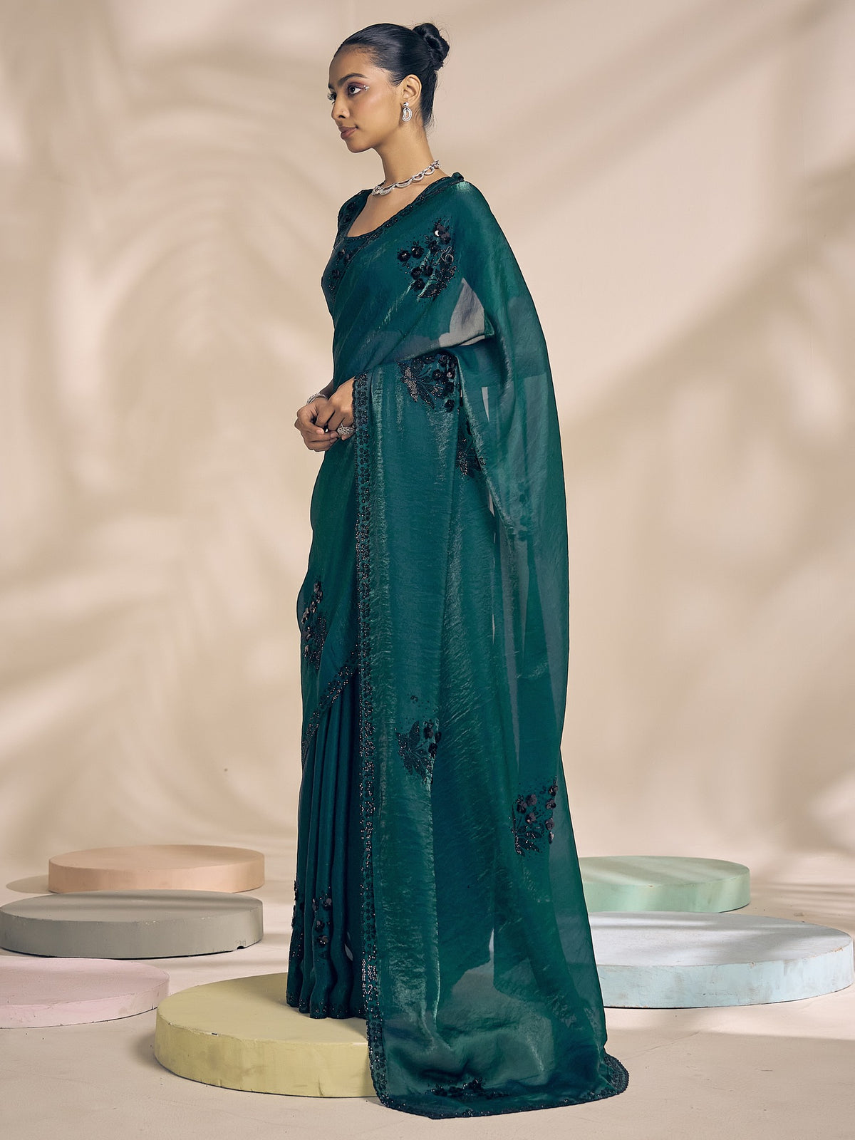 Teal satin silk saree view 1